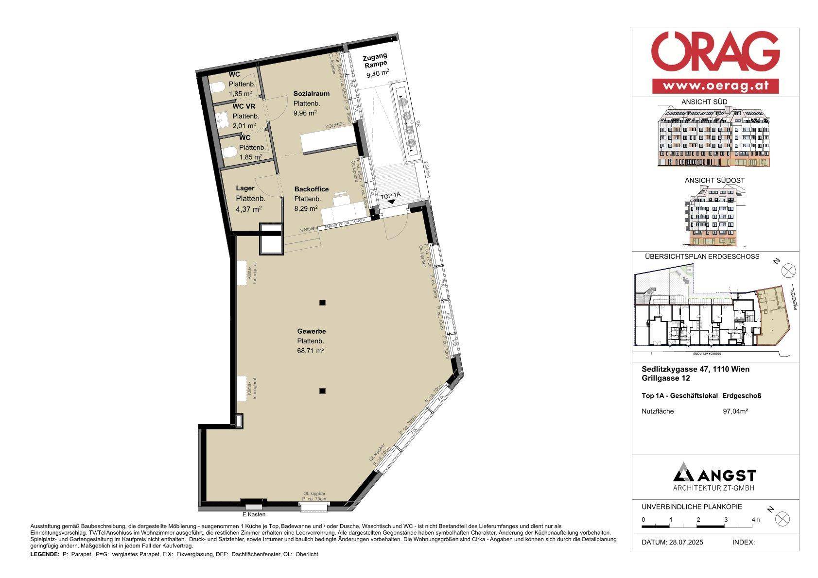 Grundrissplan eines Gewerbeobjekts im Erdgeschoss mit Sozialraum, Backoffice und barrierefreiem Zugang.