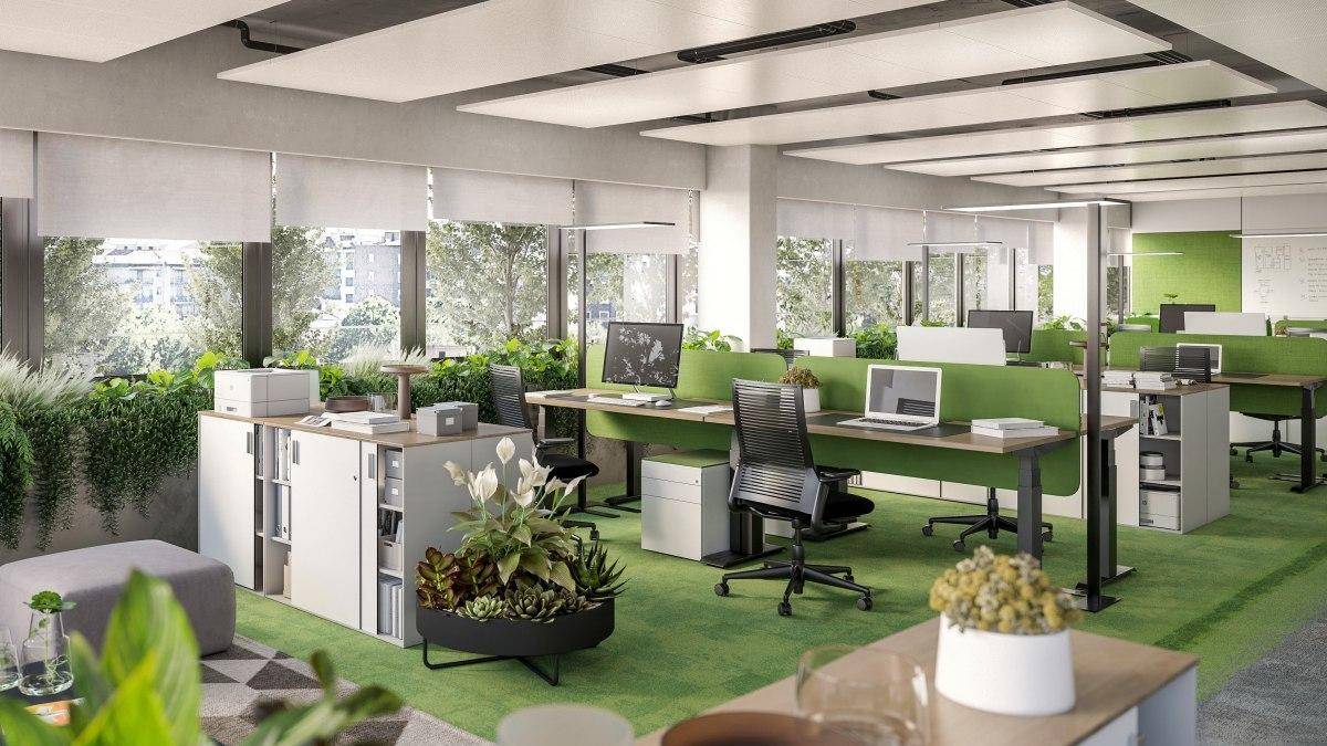 Helles und offenes Büro mit ergonomischen Arbeitsplätzen, grünen Trennwänden und einer angenehmen Arbeitsatmosphäre.