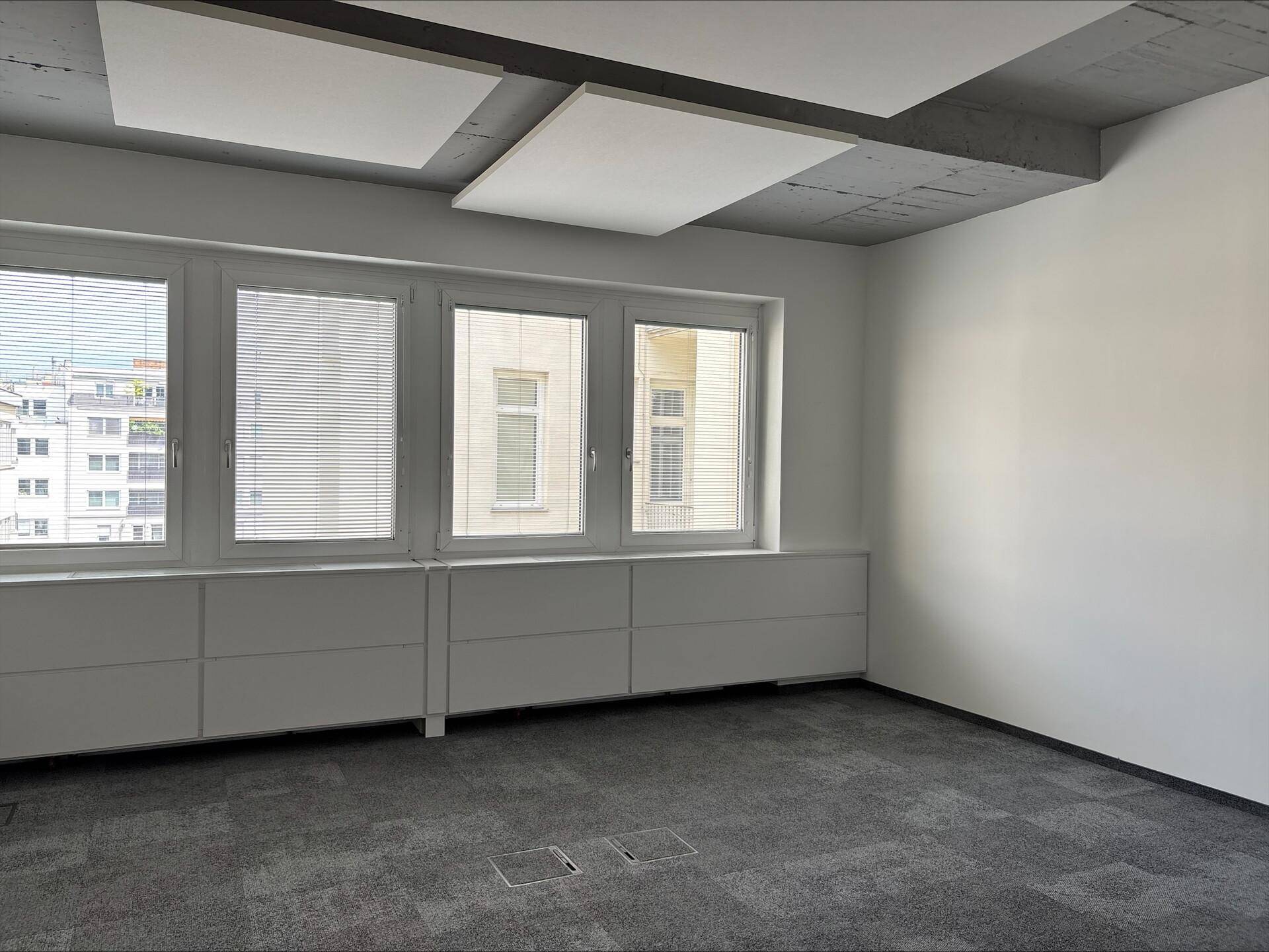 Heller Büroraum mit Teppichboden, großen Fenstern und schallabsorbierenden Deckenplatten für eine ruhige Arbeitsatmosphäre.