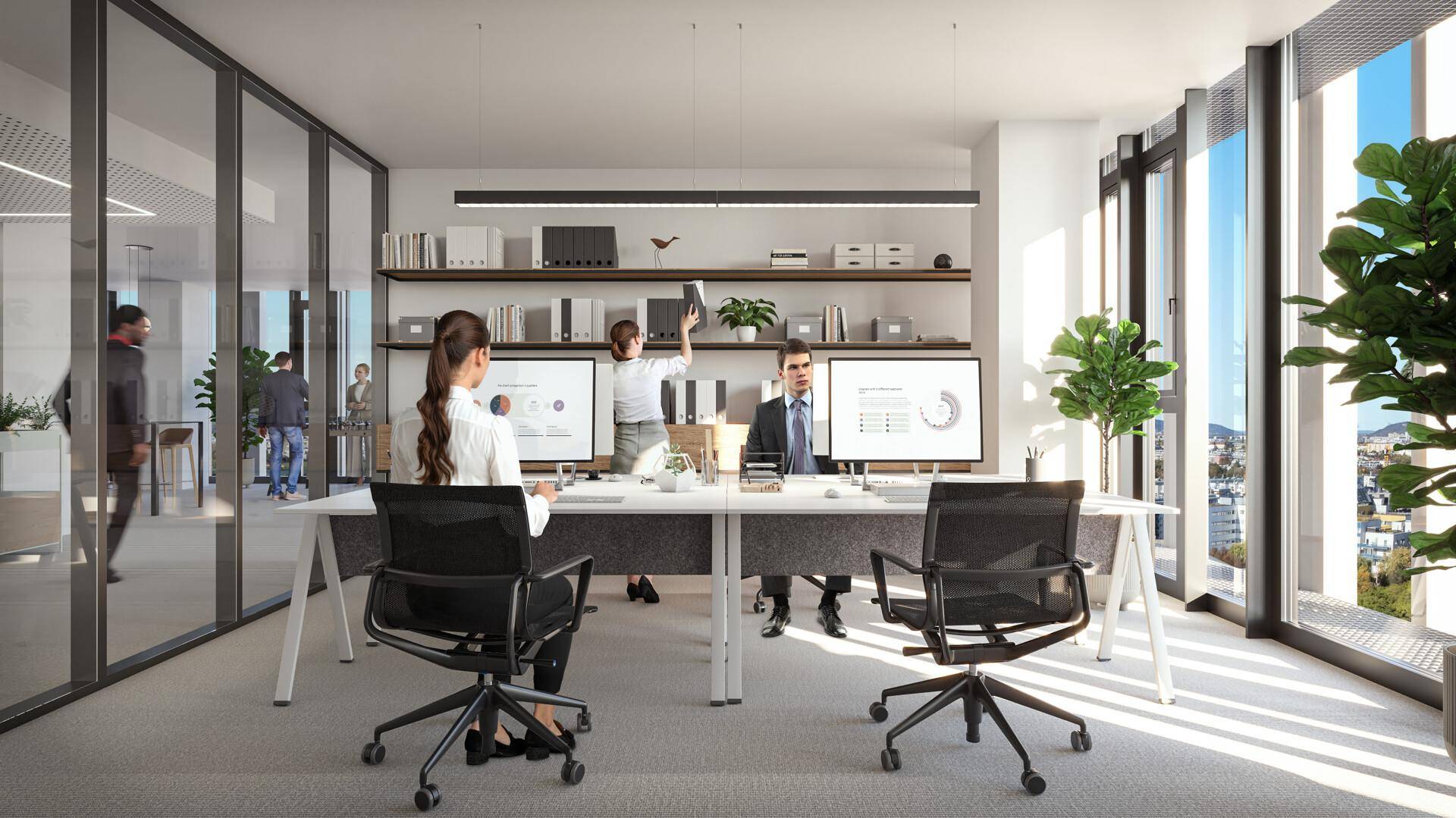 Helles und modernes Büro mit zwei Arbeitsplätzen, Regalen und großen Fenstern, die viel Tageslicht hereinlassen.