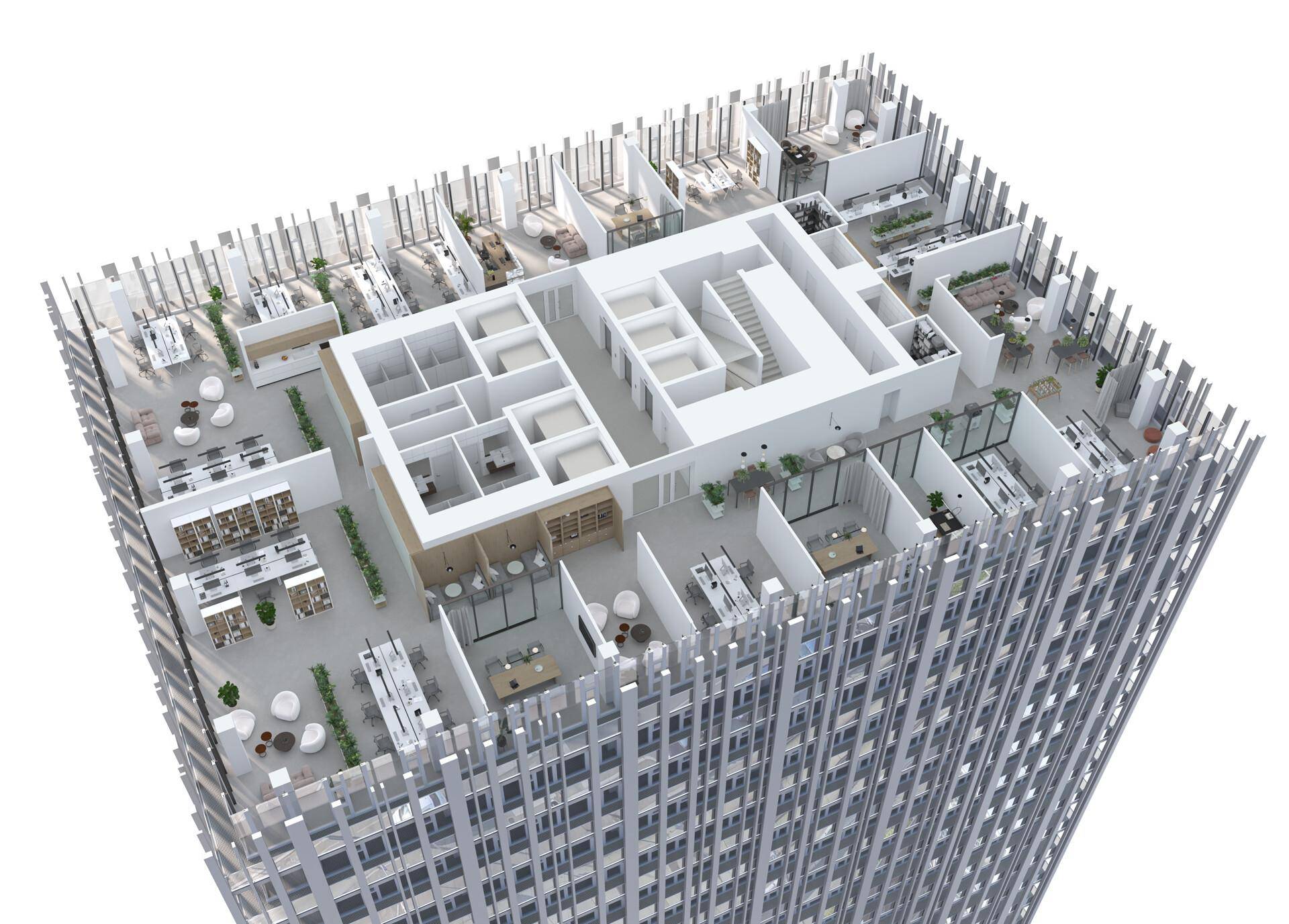 Detaillierter 3D-Grundriss eines Bürogeschosses mit verschiedenen Arbeitsbereichen und Gemeinschaftsräumen.