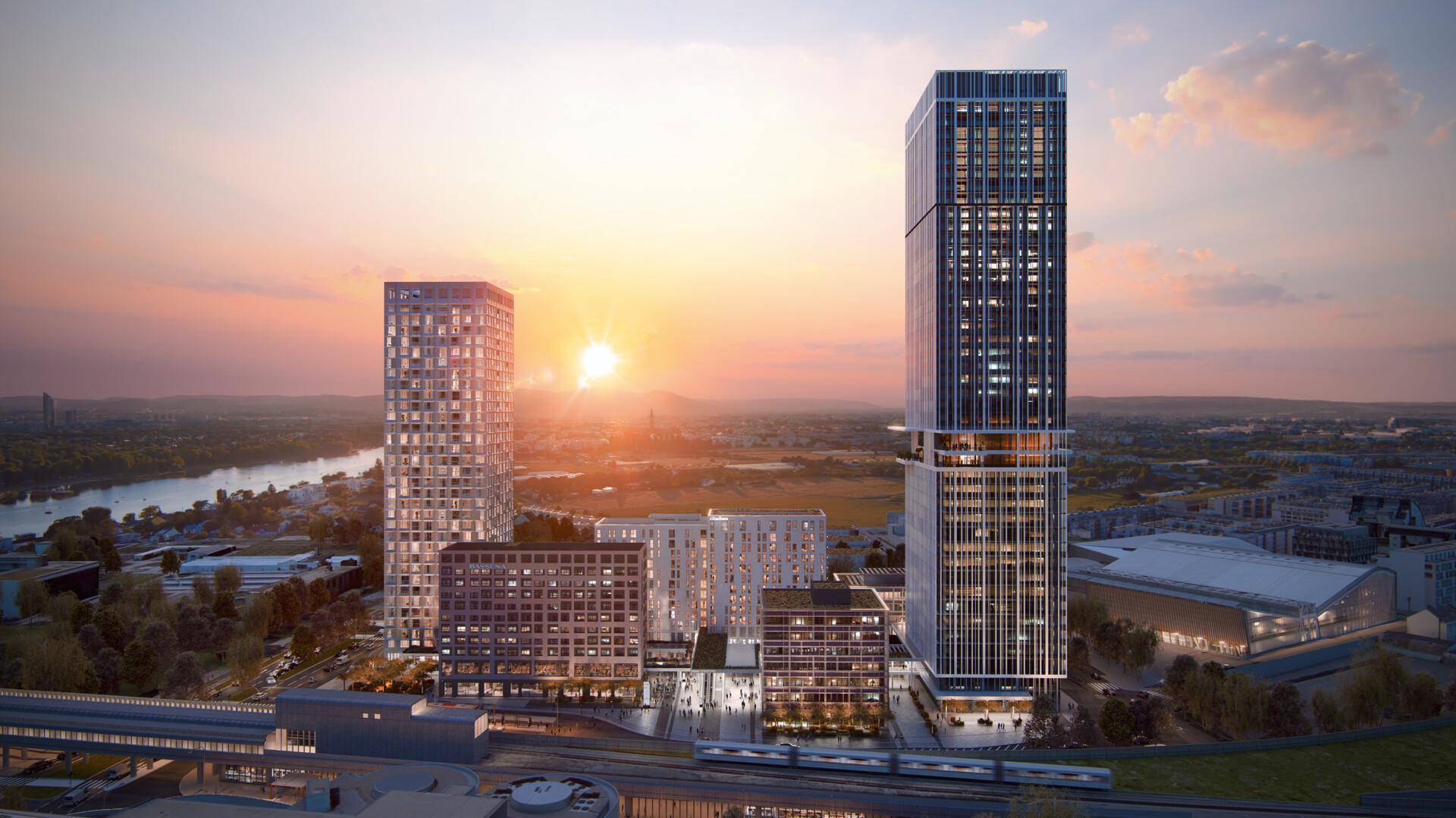 Panoramablick auf eine moderne Stadtlandschaft mit Hochhäusern bei Sonnenuntergang und einem Fluss im Hintergrund.