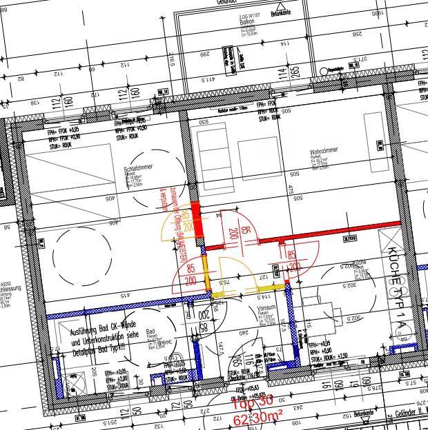 Detaillierter Grundriss einer Wohnung mit Schlafzimmer, Wohnzimmer und Küche.