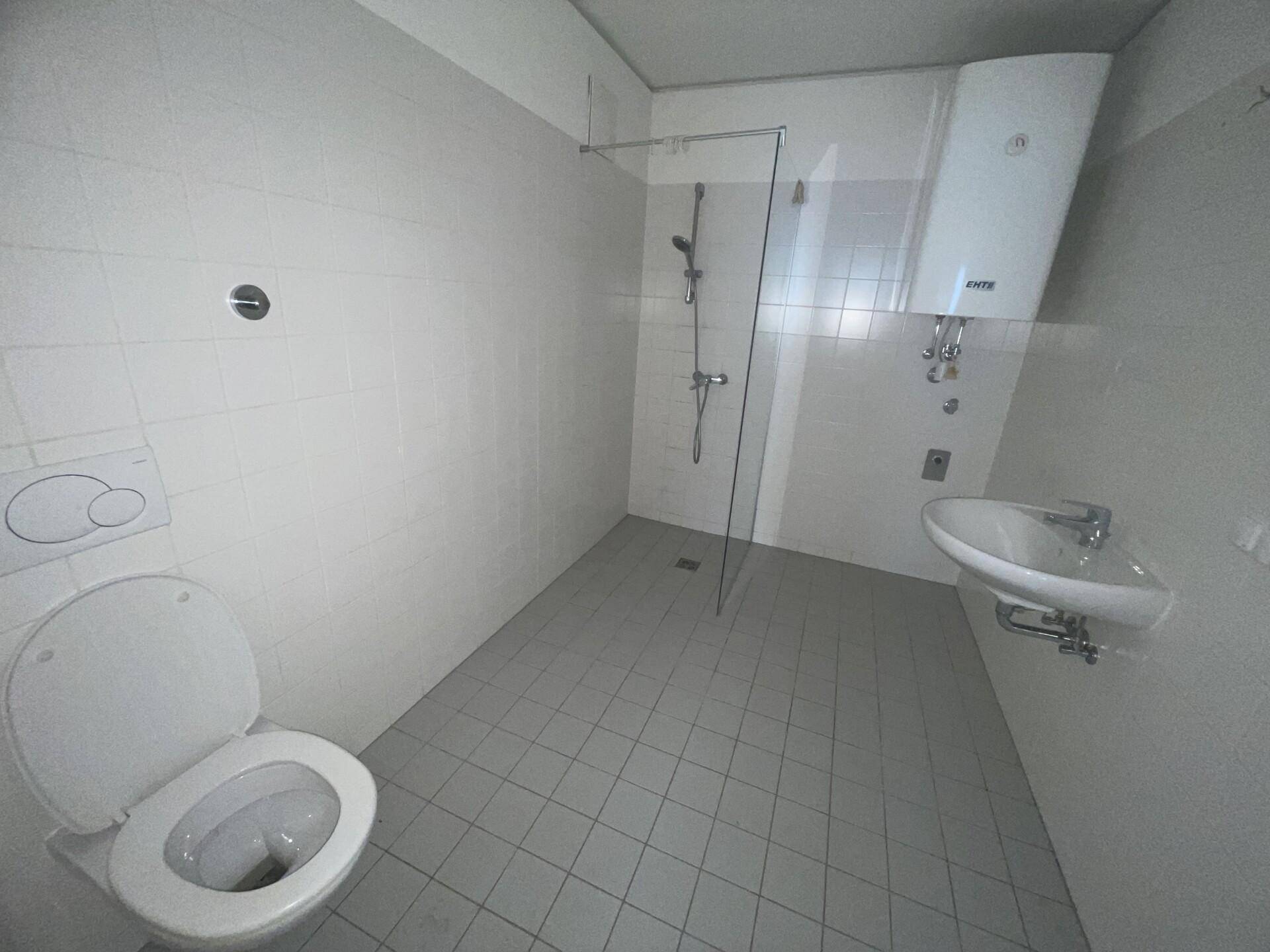 Modernes Badezimmer mit ebenerdiger Dusche, Toilette und Waschbecken in Weiß und Grau.