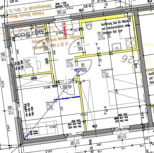 Detaillierter Grundriss einer Wohnung mit offenem Wohnbereich und Balkon.