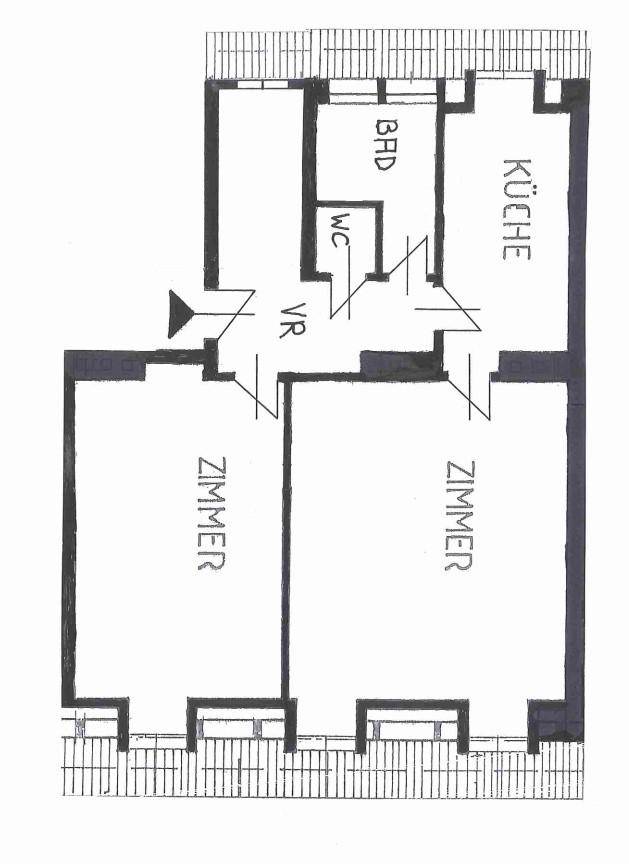 Grundrissplan einer Wohnung mit mehreren Zimmern, Küche, Bad und Balkonen.