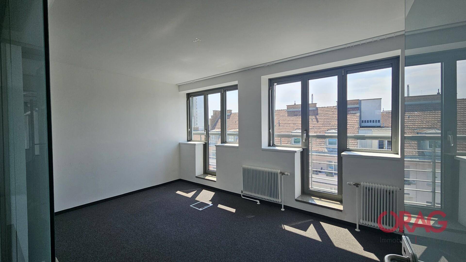 Heller, leerer Büroraum mit Teppichboden und zwei großen Fenstern, die viel Tageslicht hereinlassen.