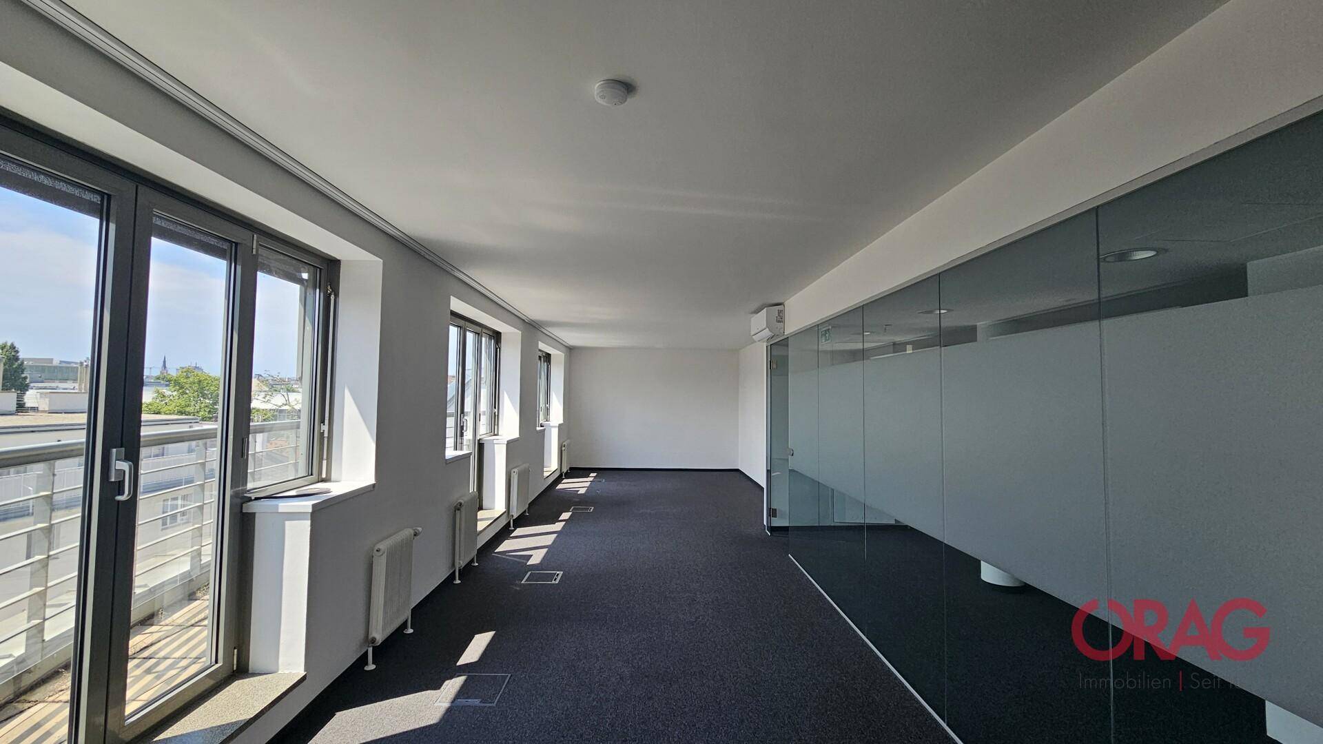 Leerer Büroraum mit Teppichboden, großen Fenstern und einer modernen Glaswand, die viel Licht spendet.