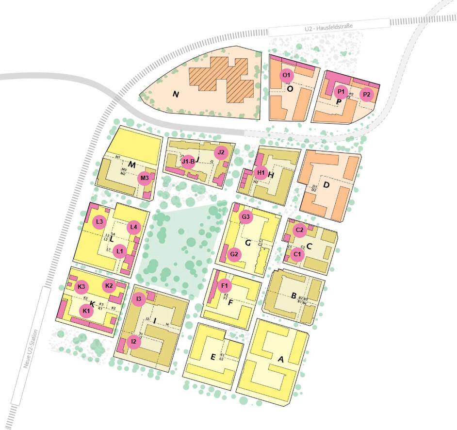 Übersichtsplan des Wohnkomplexes mit verschiedenen Gebäudeblöcken und integrierten Grünflächen, die das Gesamtlayout prägen.
