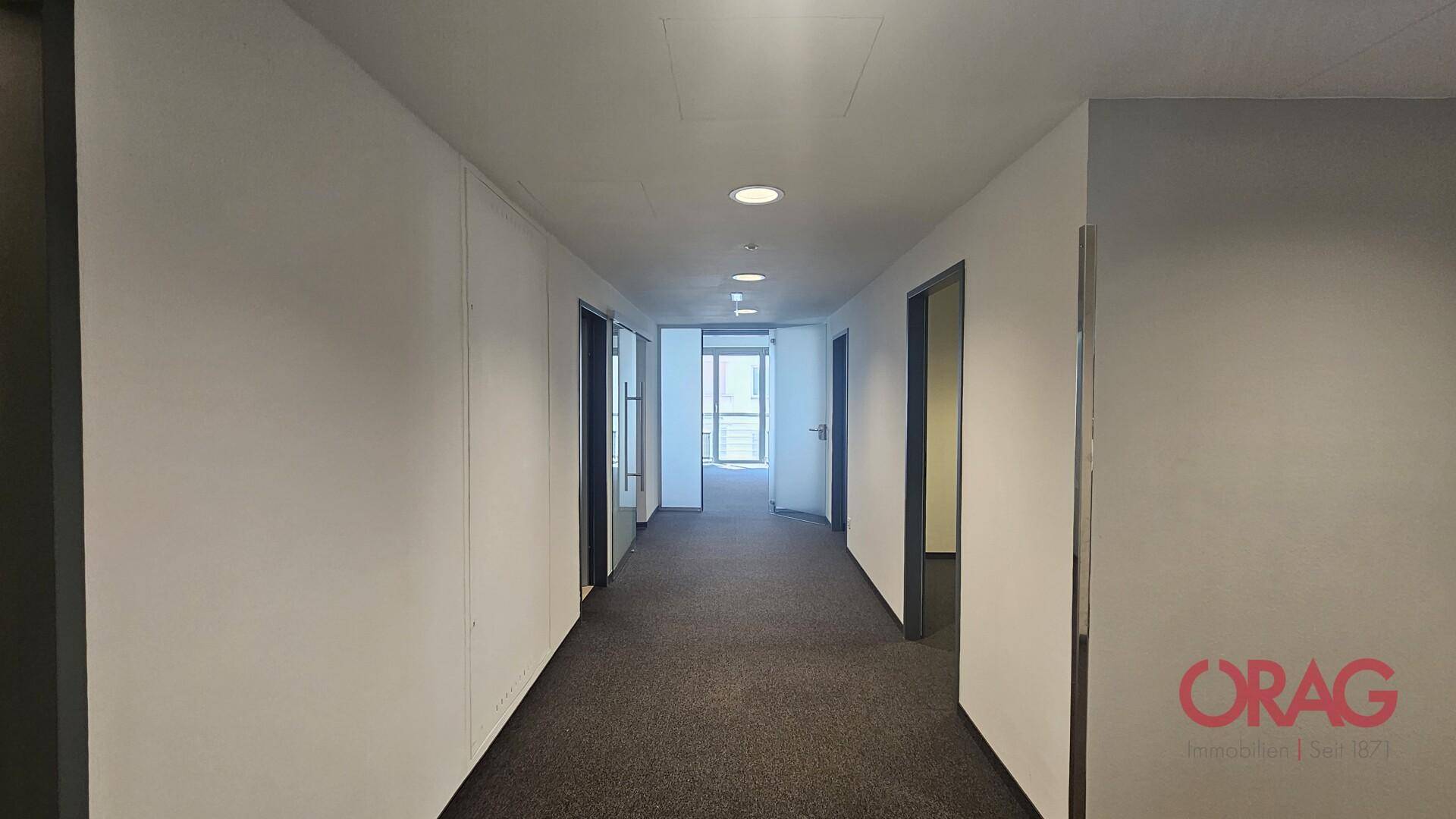 Langer, heller Flur mit Teppichboden und Einbauleuchten, der zu verschiedenen Büroräumen führt.