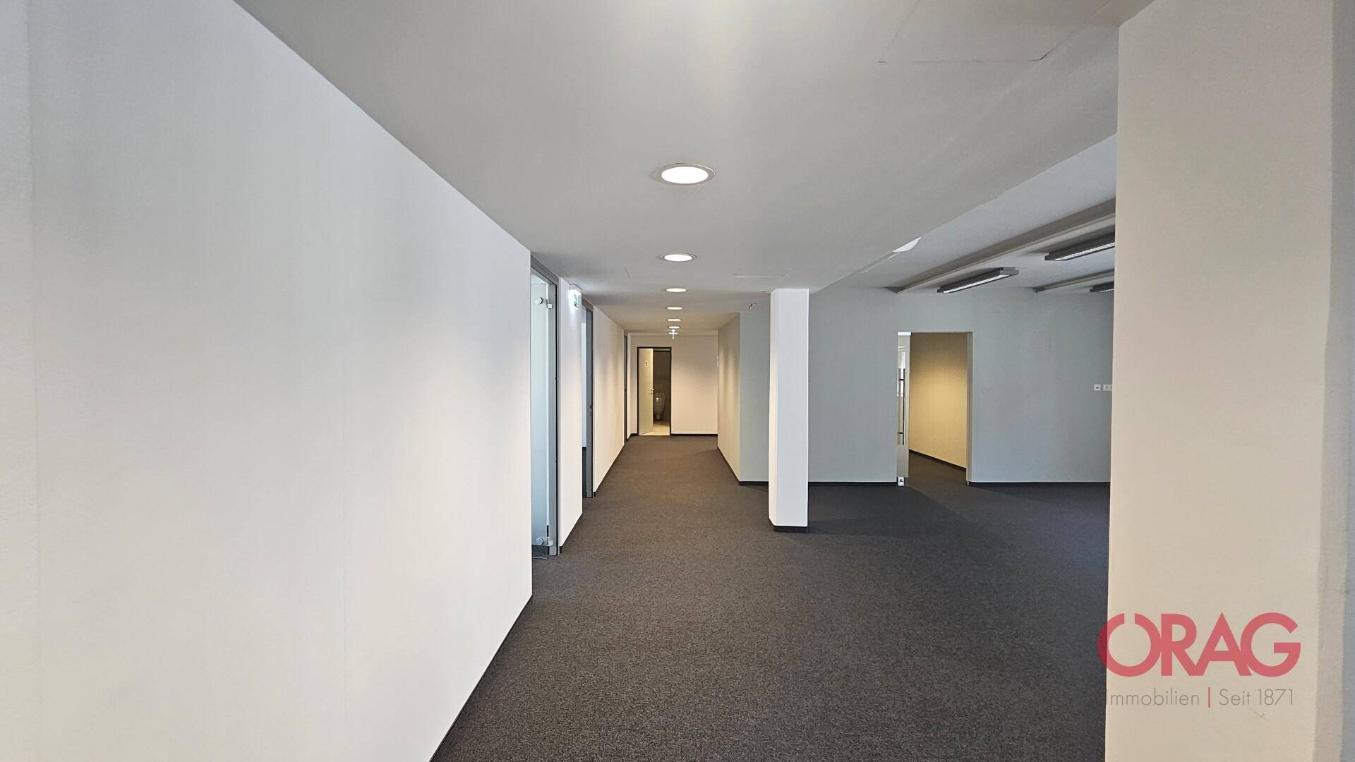 Langer, heller Flur mit Teppichboden und Einbauleuchten, der verschiedene Bürobereiche miteinander verbindet.