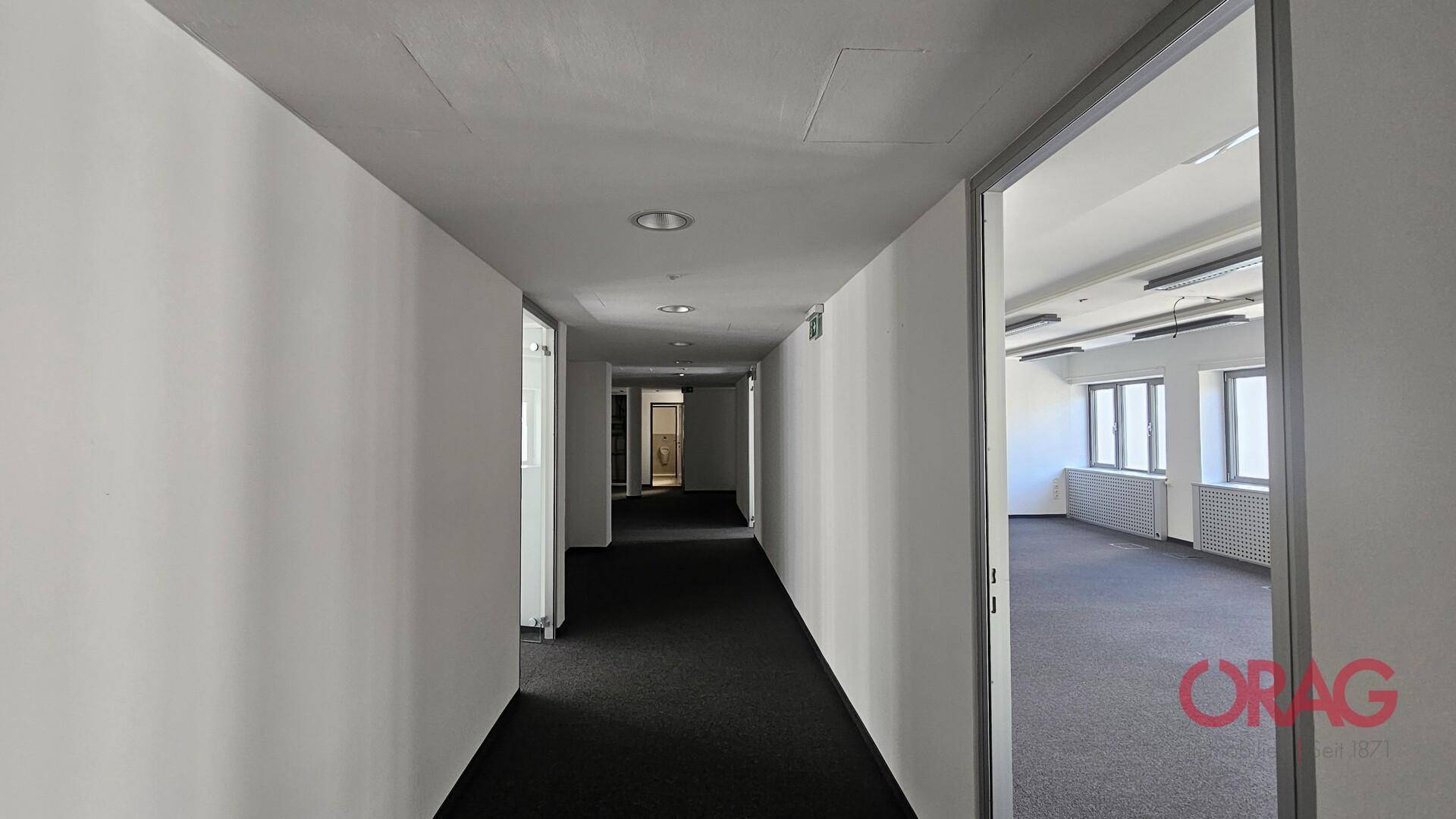 Langer, heller Flur mit Teppichboden und Einbauleuchten, der zu verschiedenen Büroräumen führt.