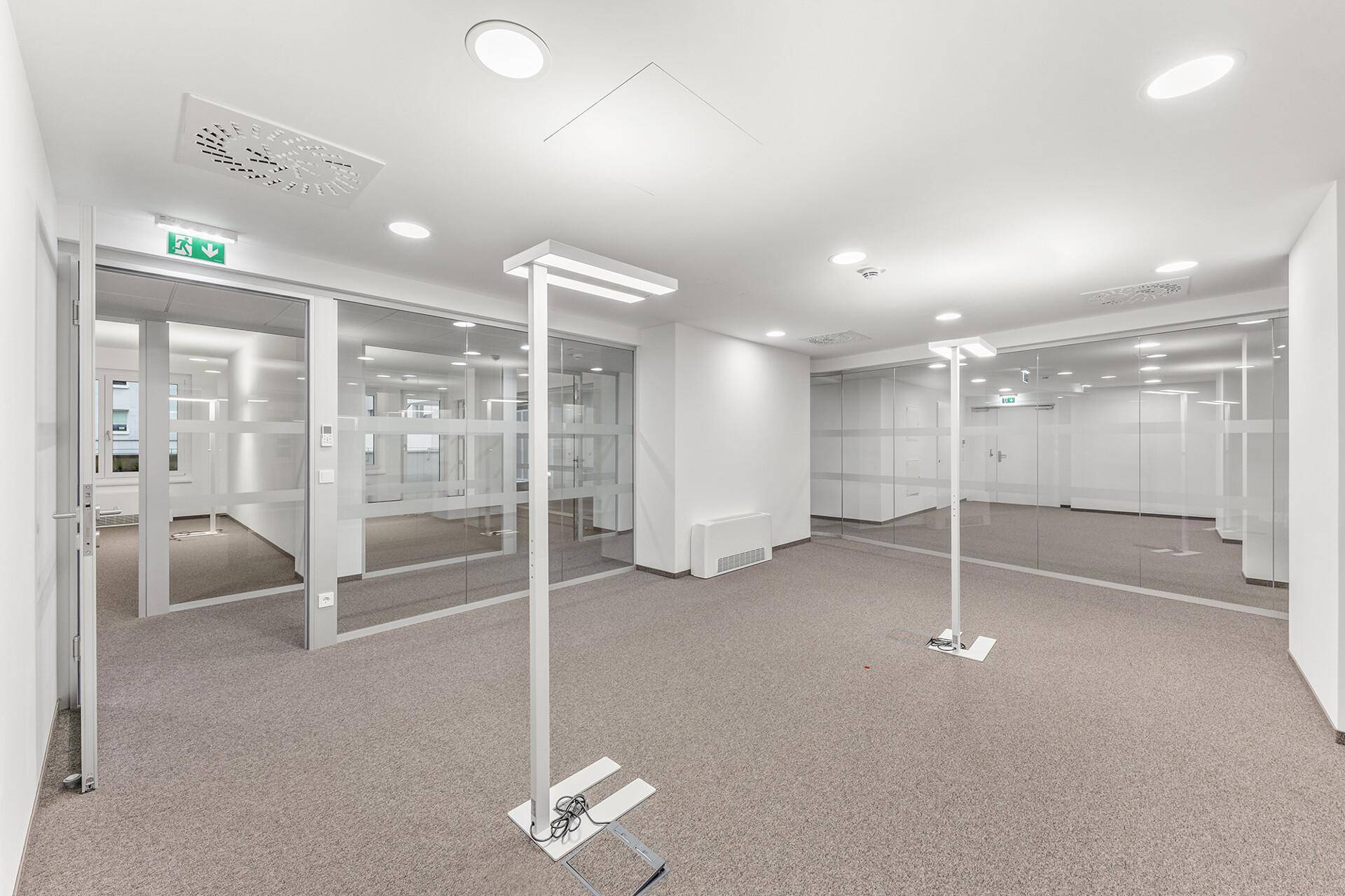 Heller Bürobereich mit Teppichboden, Glaswänden und modernen Stehleuchten für flexible Arbeitsplätze.