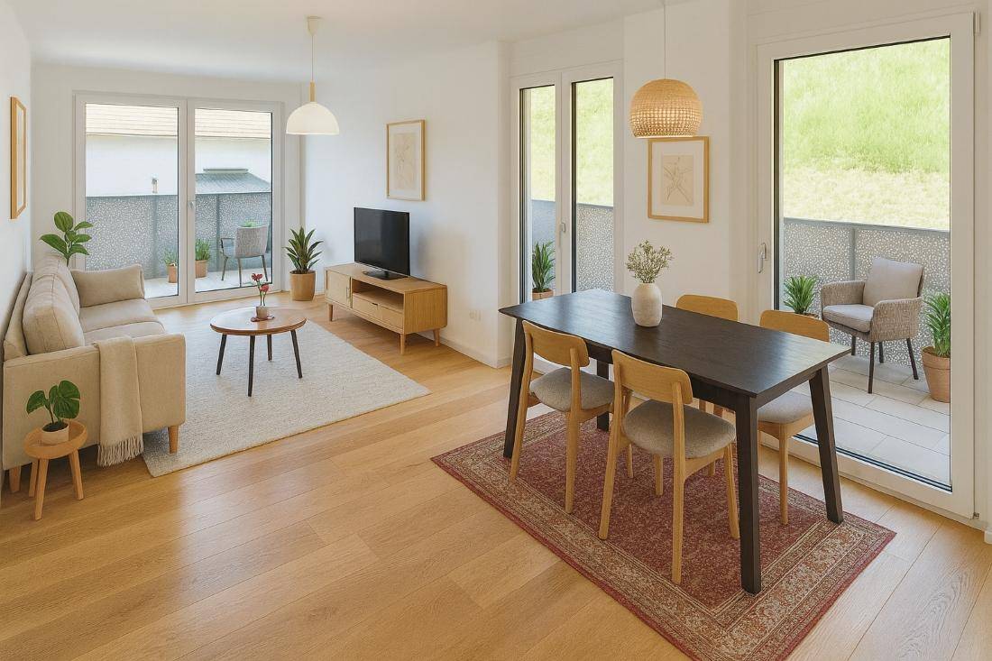 Helles, modern eingerichtetes Wohn-Esszimmer mit Holzboden und Zugang zu zwei Balkonen.
