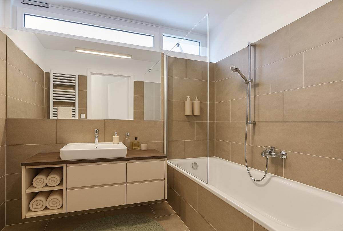 Modernes Badezimmer mit Badewanne, Einzelwaschbecken und beigefarbenen Fliesen.