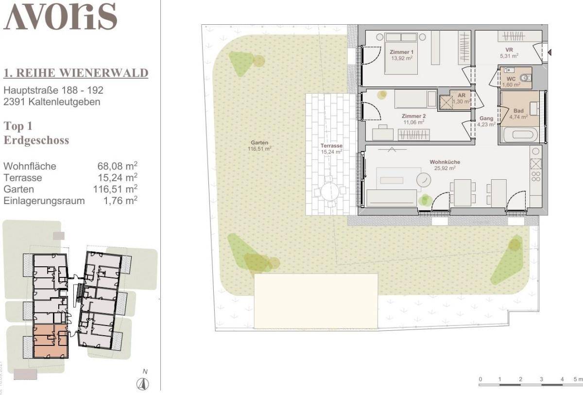 Grundriss einer Erdgeschosswohnung mit Garten, Terrasse und offenem Wohnbereich.