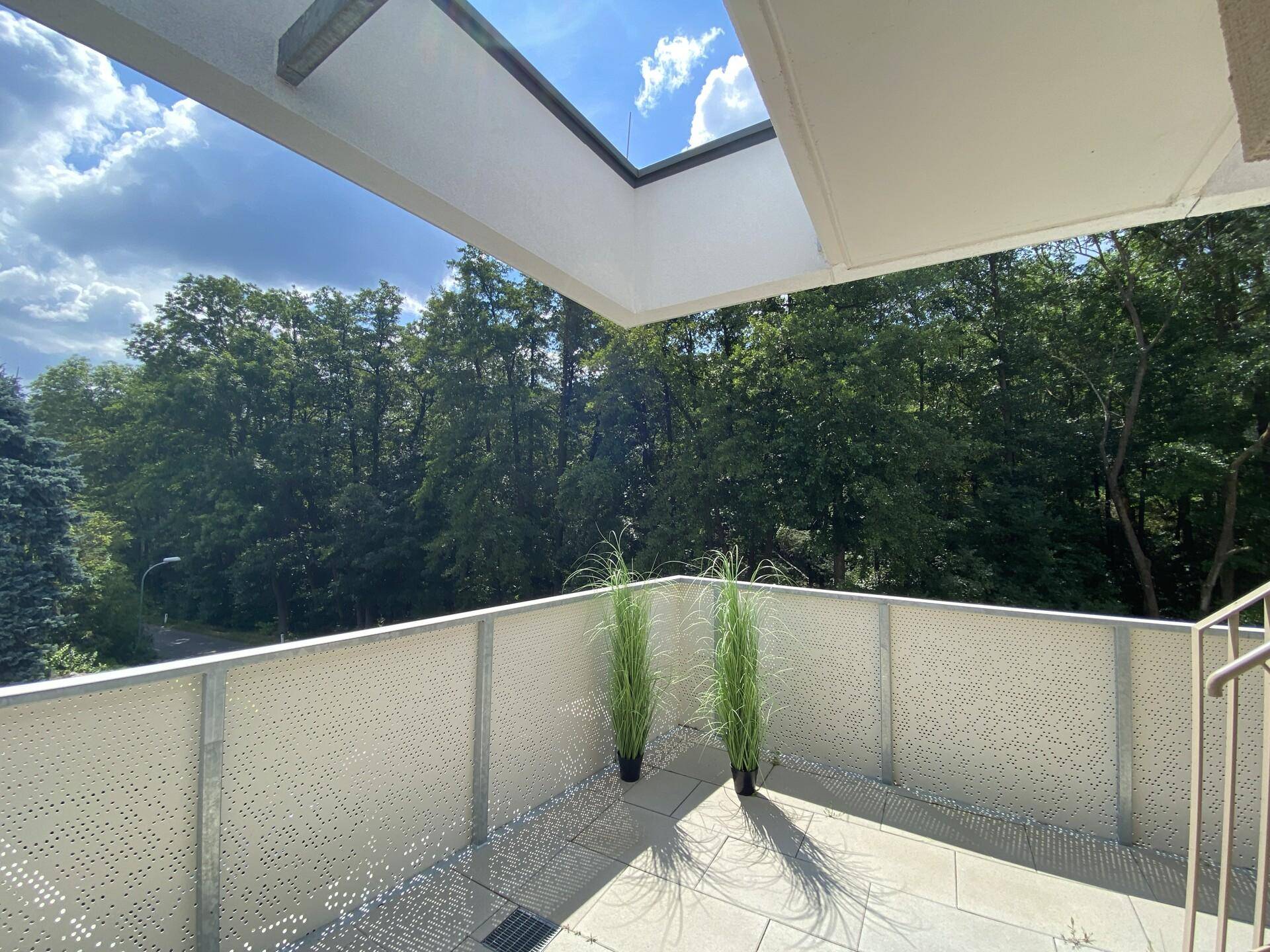 Geräumiger Balkon mit perforiertem Geländer und weitem Blick auf die umliegenden Bäume.