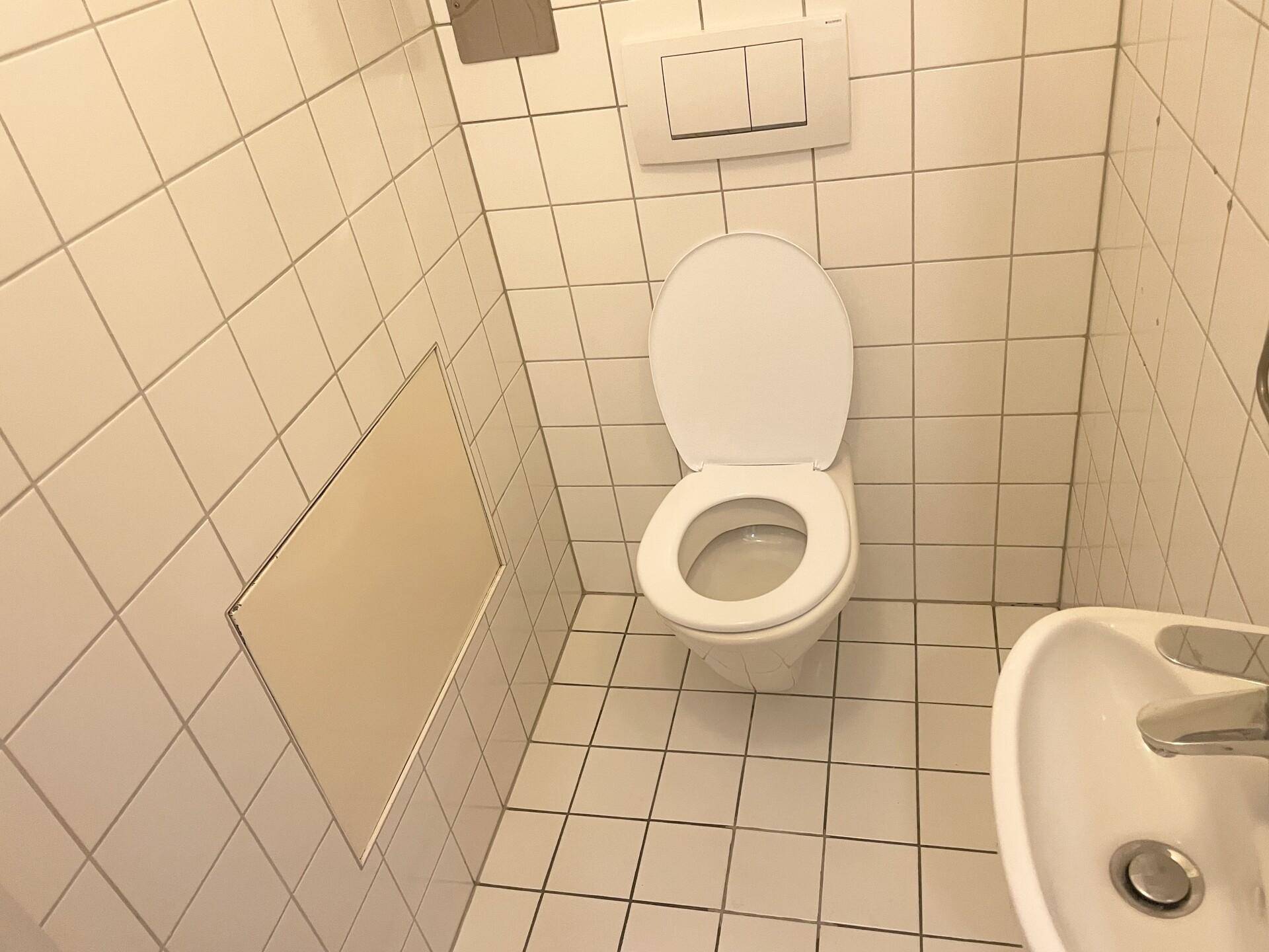 Kleines, hell gefliestes WC mit wandmontierter Toilette und kleinem Waschbecken.