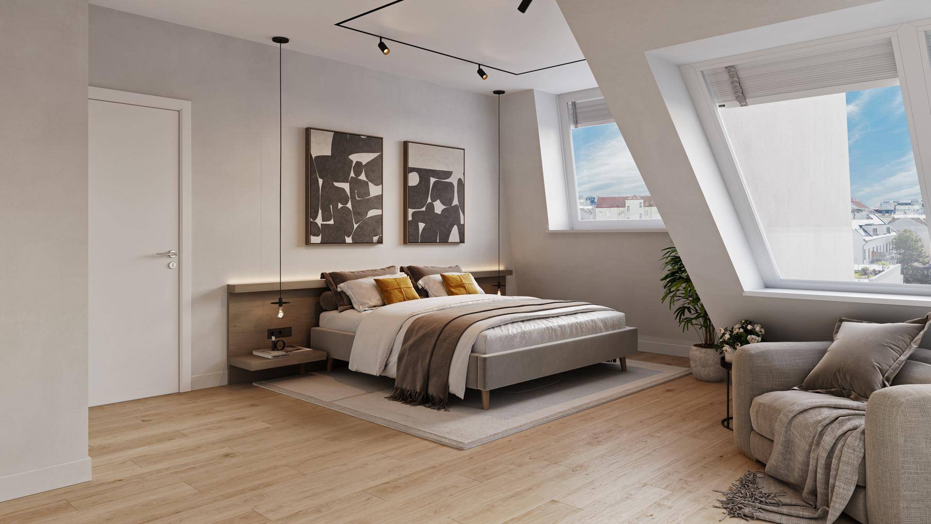 Helles Schlafzimmer im Dachgeschoss mit Holzboden, gemütlichem Bett und schrägen Wänden.