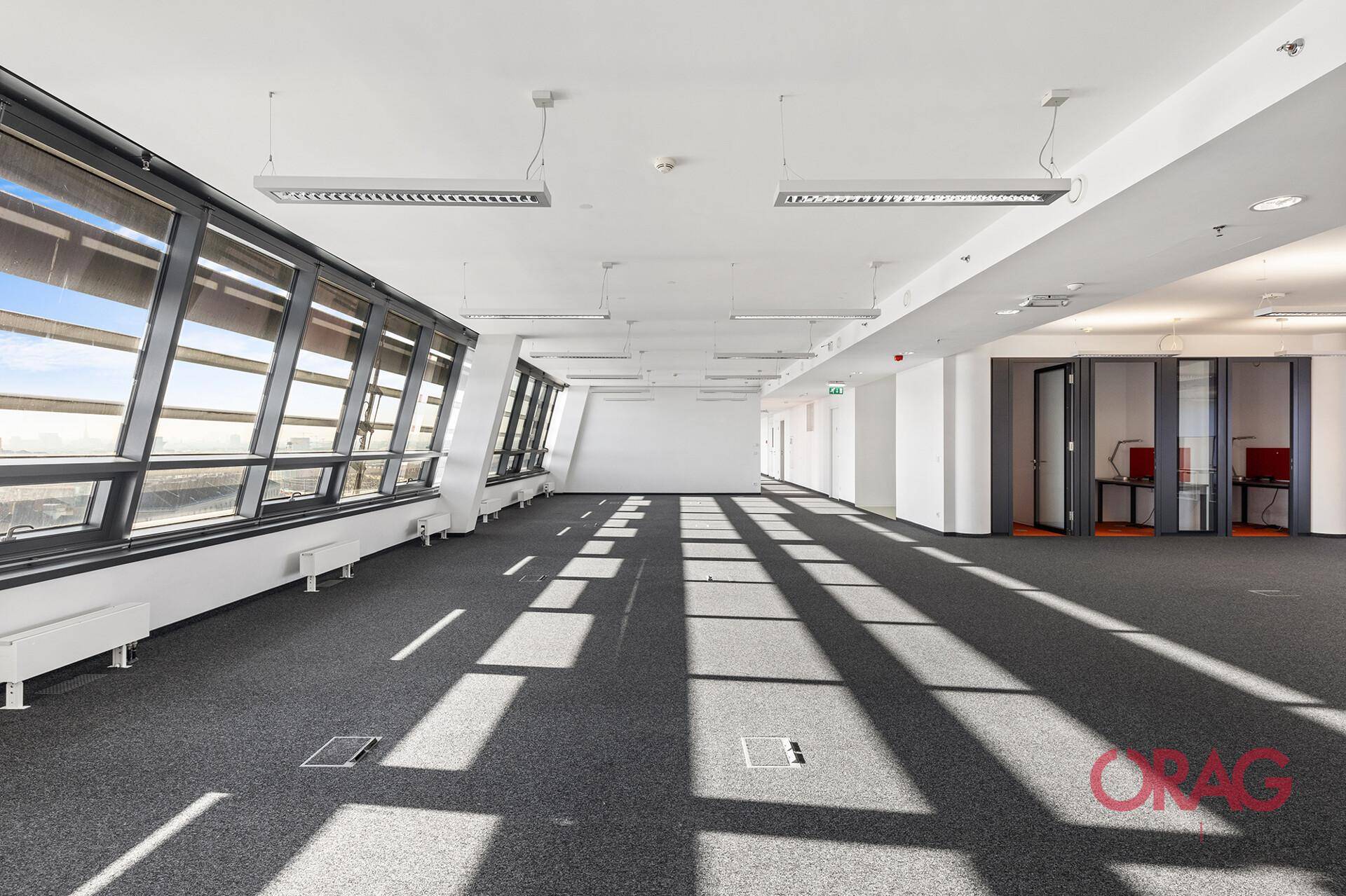Großes, leeres Büro mit Teppichboden, schrägen Fenstern und viel Tageslicht, bereit für individuelle Einrichtung.