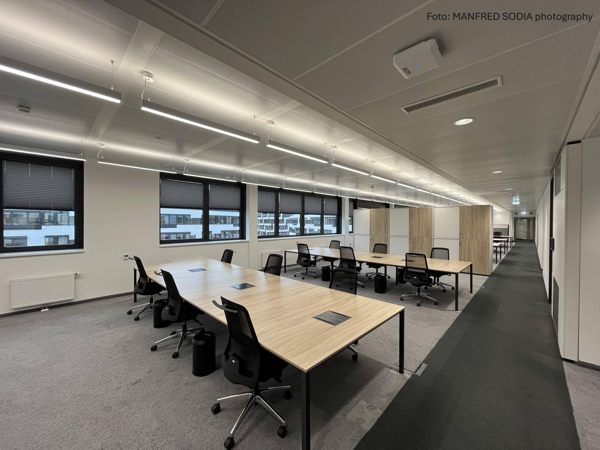 Großes, offenes Büro mit mehreren Arbeitsplätzen, Teppichboden und viel Tageslicht durch die Fenster.