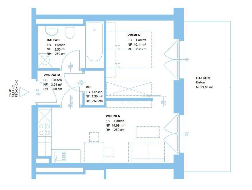 Detaillierter Grundriss der Wohnung mit Raumaufteilung und Balkon.