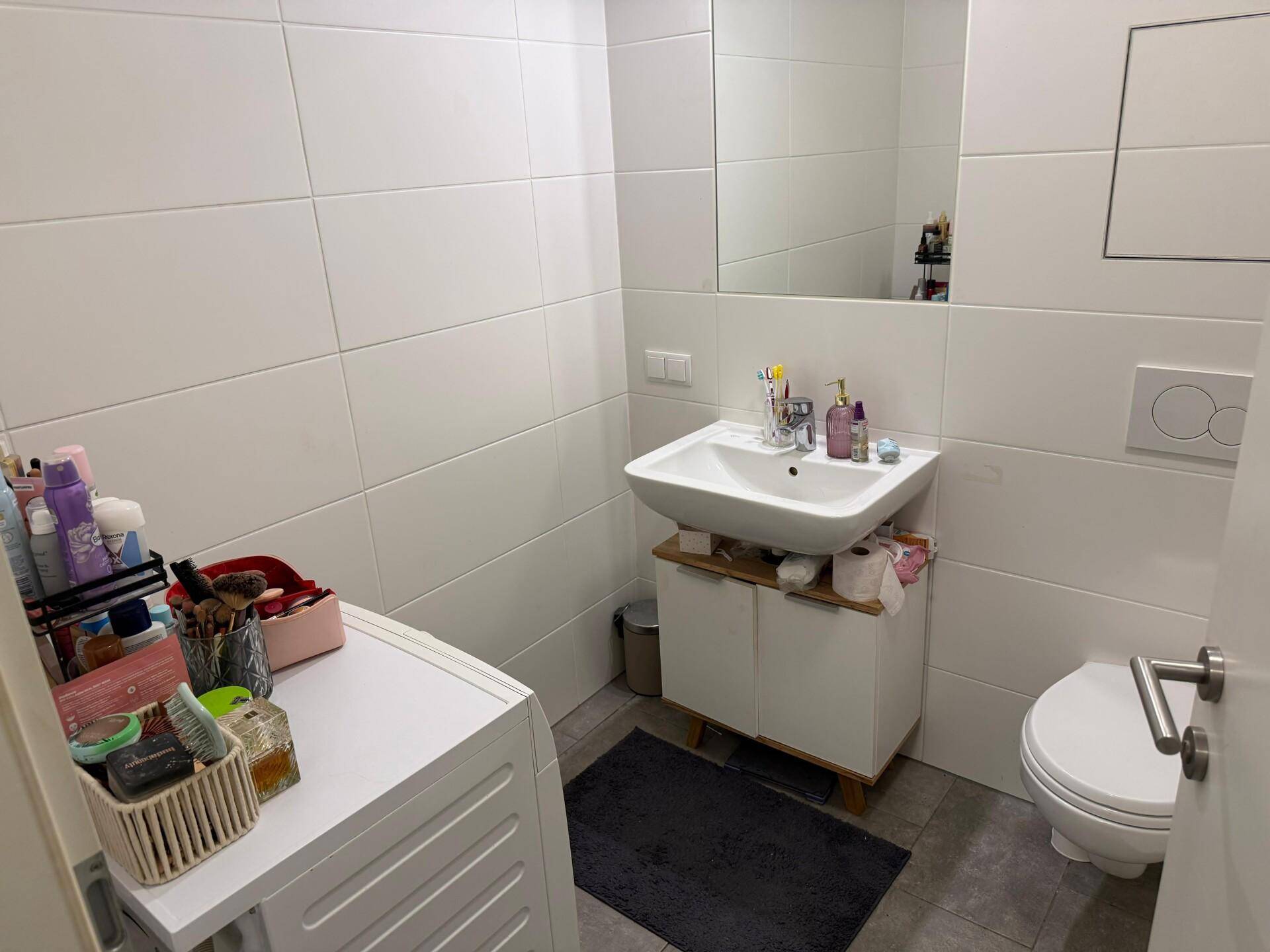 Funktionales Badezimmer mit Waschbecken, Toilette und Platz für eine Waschmaschine.