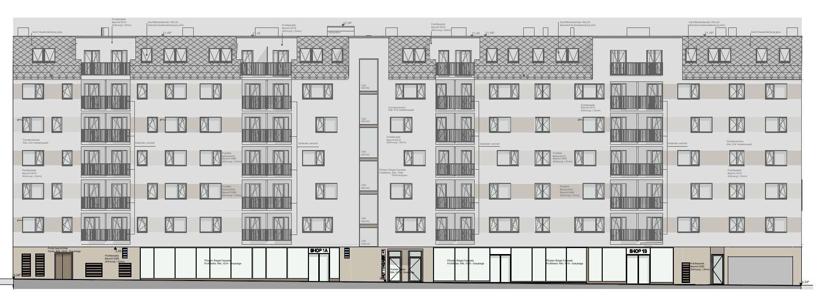 Architektonische Fassadenansicht eines Mehrfamilienhauses mit Balkonen und Geschäften im Erdgeschoss.