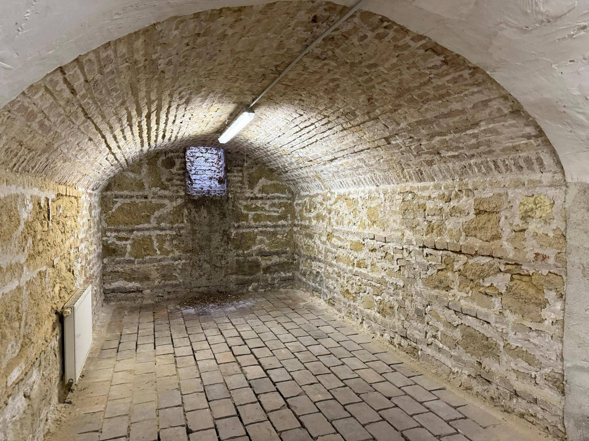 Historischer Gewölbekeller mit freiliegenden Ziegelwänden und -boden, bietet einzigartigen Lagerraum.