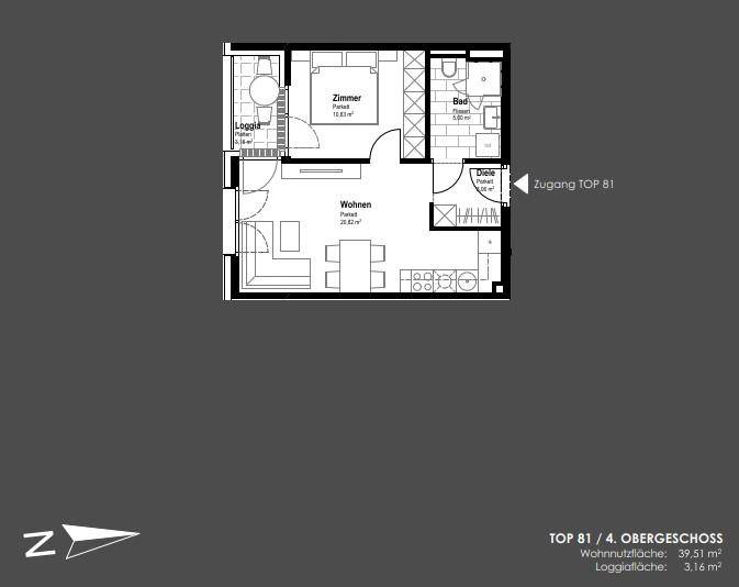 Grundriss einer Wohnung im 4. Obergeschoss mit Wohnzimmer, Schlafzimmer, Bad und Loggia.