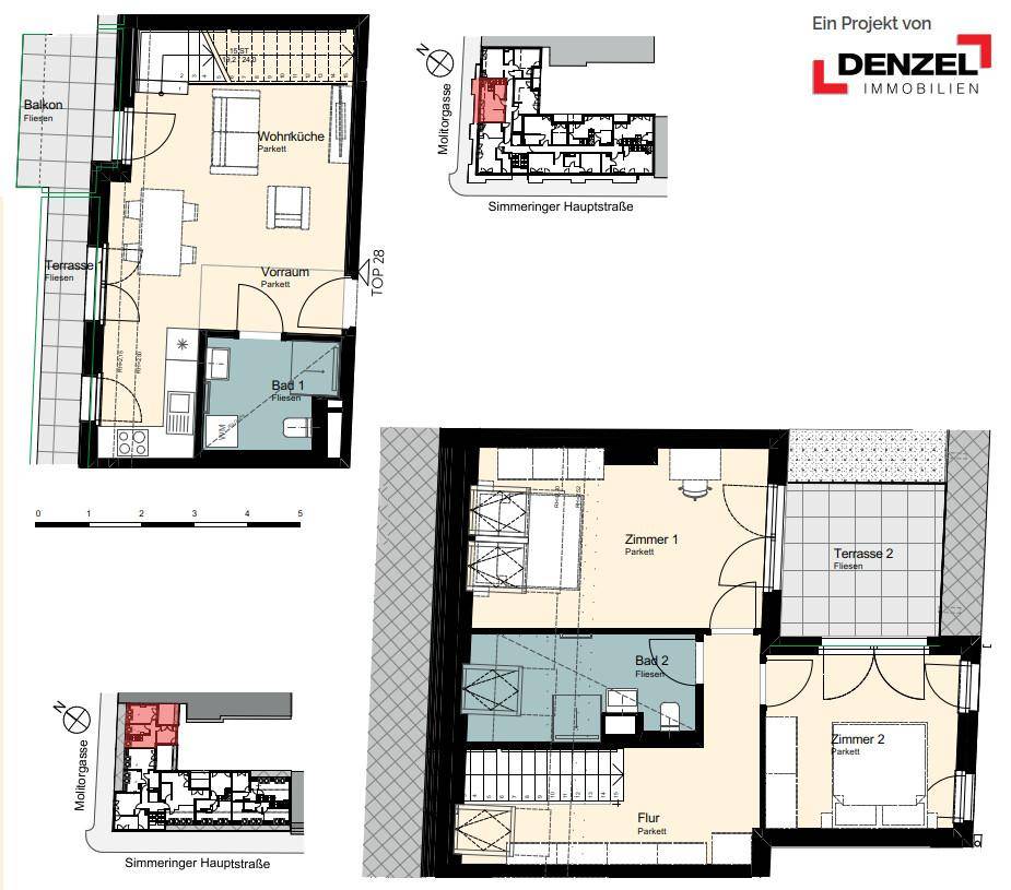 Grundrissplan einer Maisonette-Wohnung mit offener Wohnküche, zwei Bädern und mehreren Terrassen.