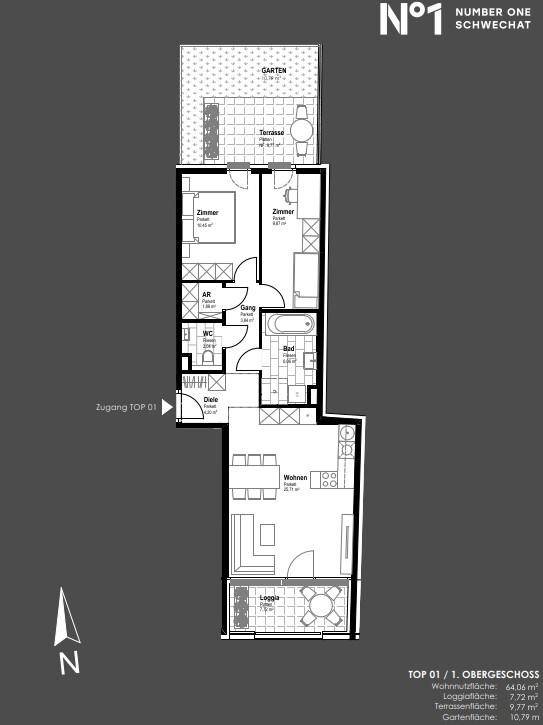 Grundriss einer Wohnung im Obergeschoss mit Loggia, Terrasse und Garten.
