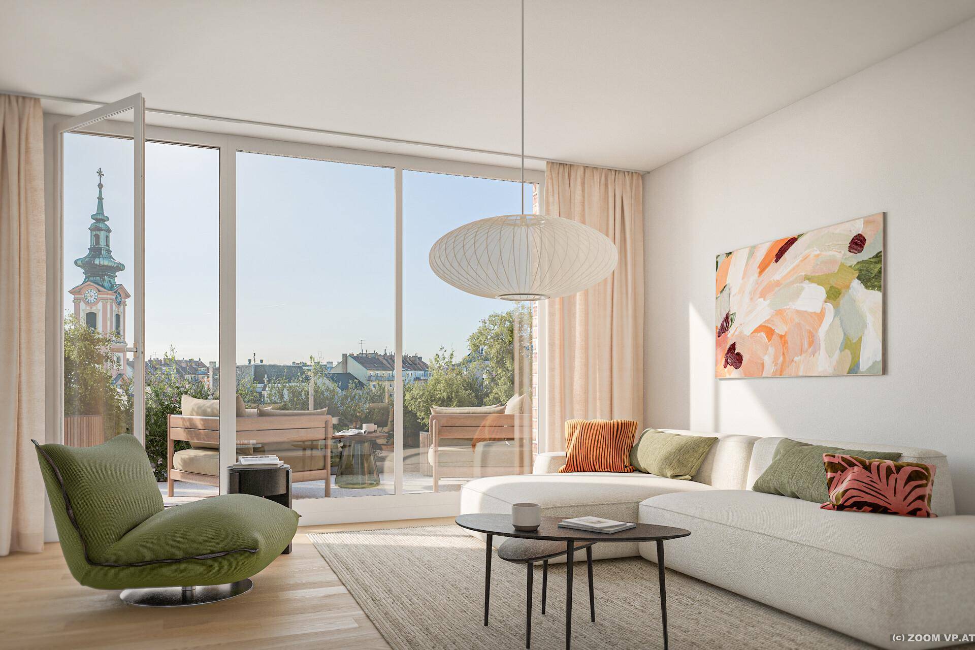 Helles Wohnzimmer mit großen Fenstern, Balkonzugang und Blick auf die Stadt.