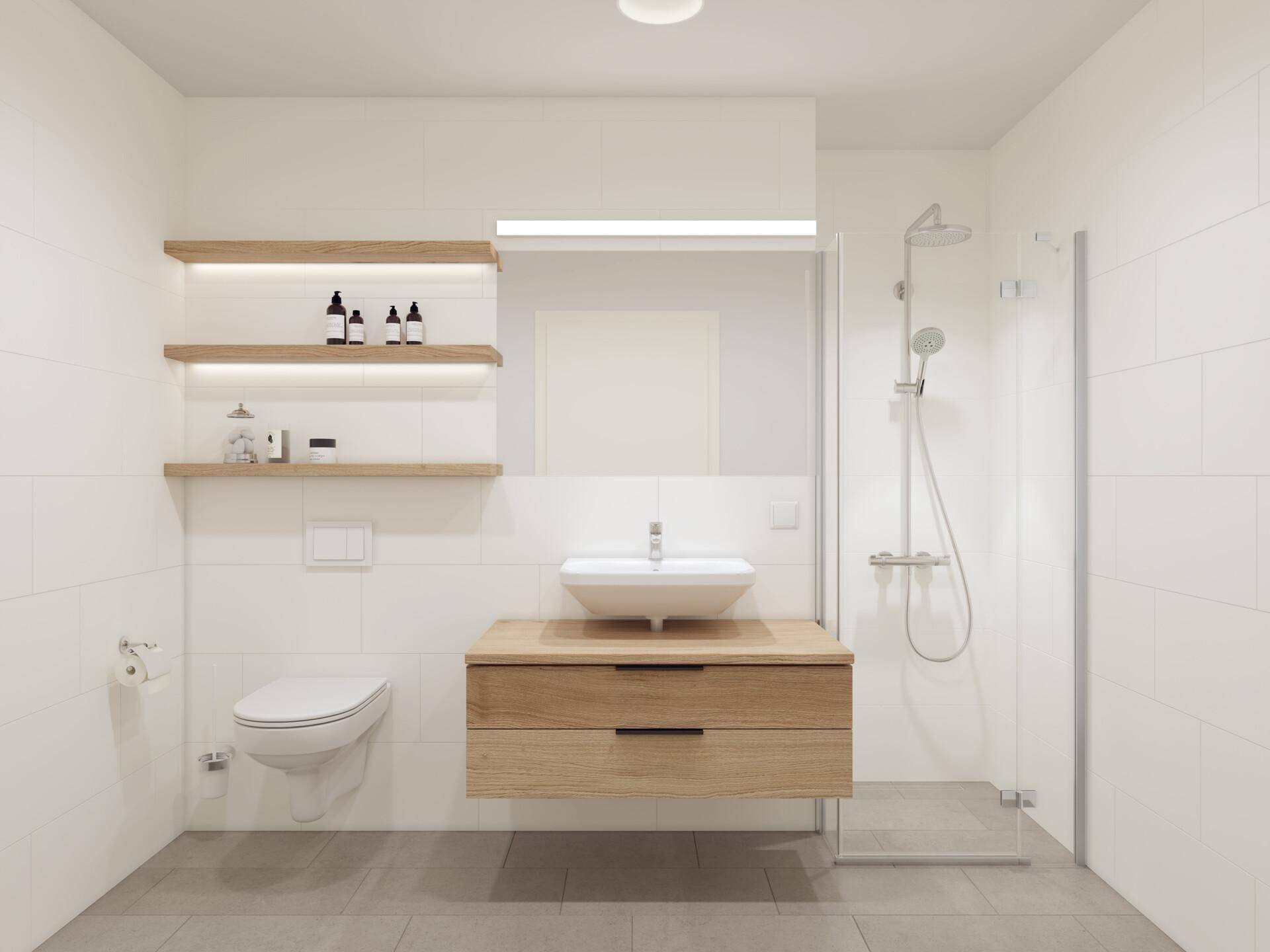 Modernes Badezimmer mit weißer Fliesenwand, schwebendem Waschtisch und ebenerdiger Dusche.