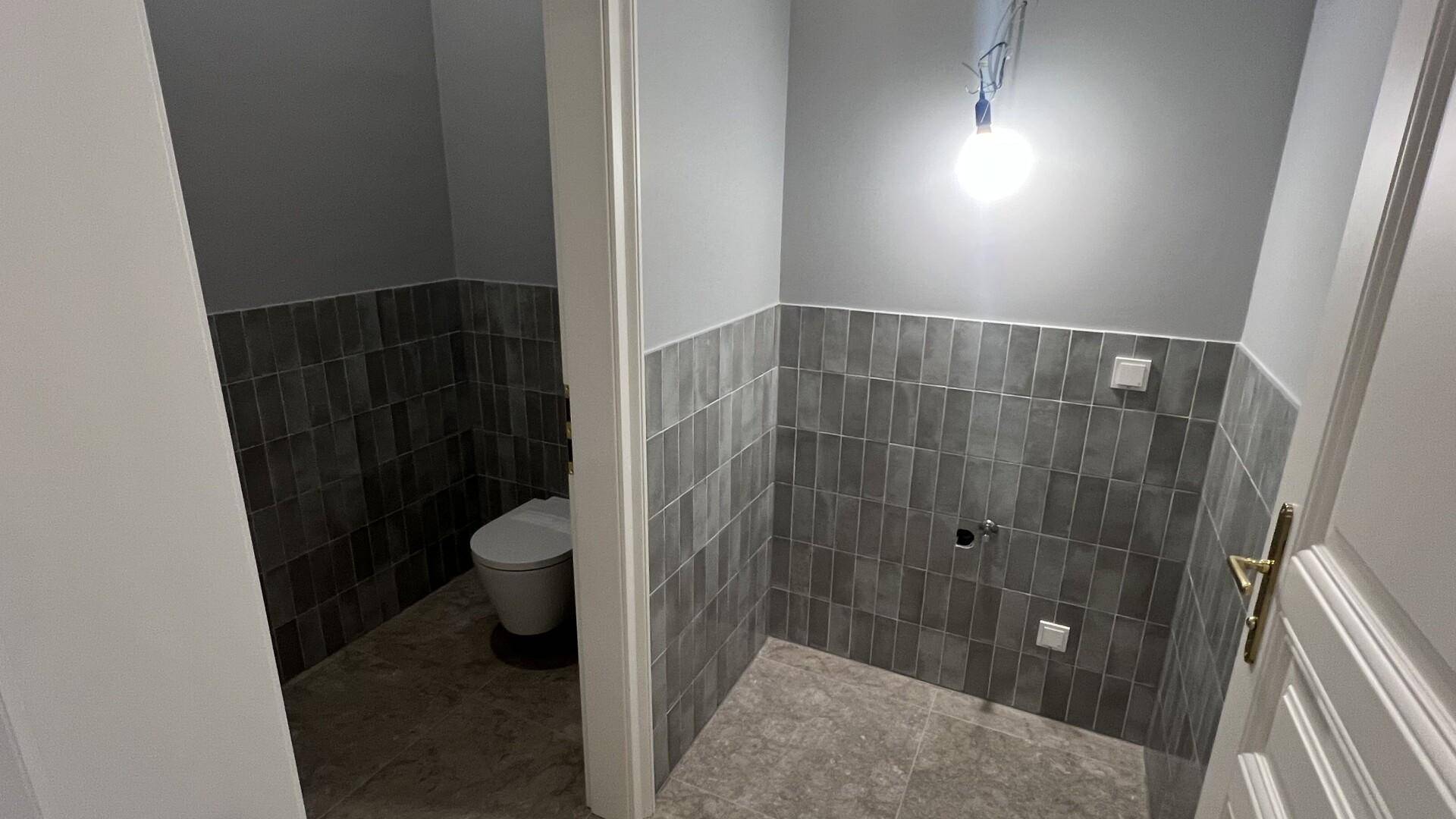 Modernes Gäste-WC mit grauen Fliesen an den Wänden und einer wandhängenden Toilette.