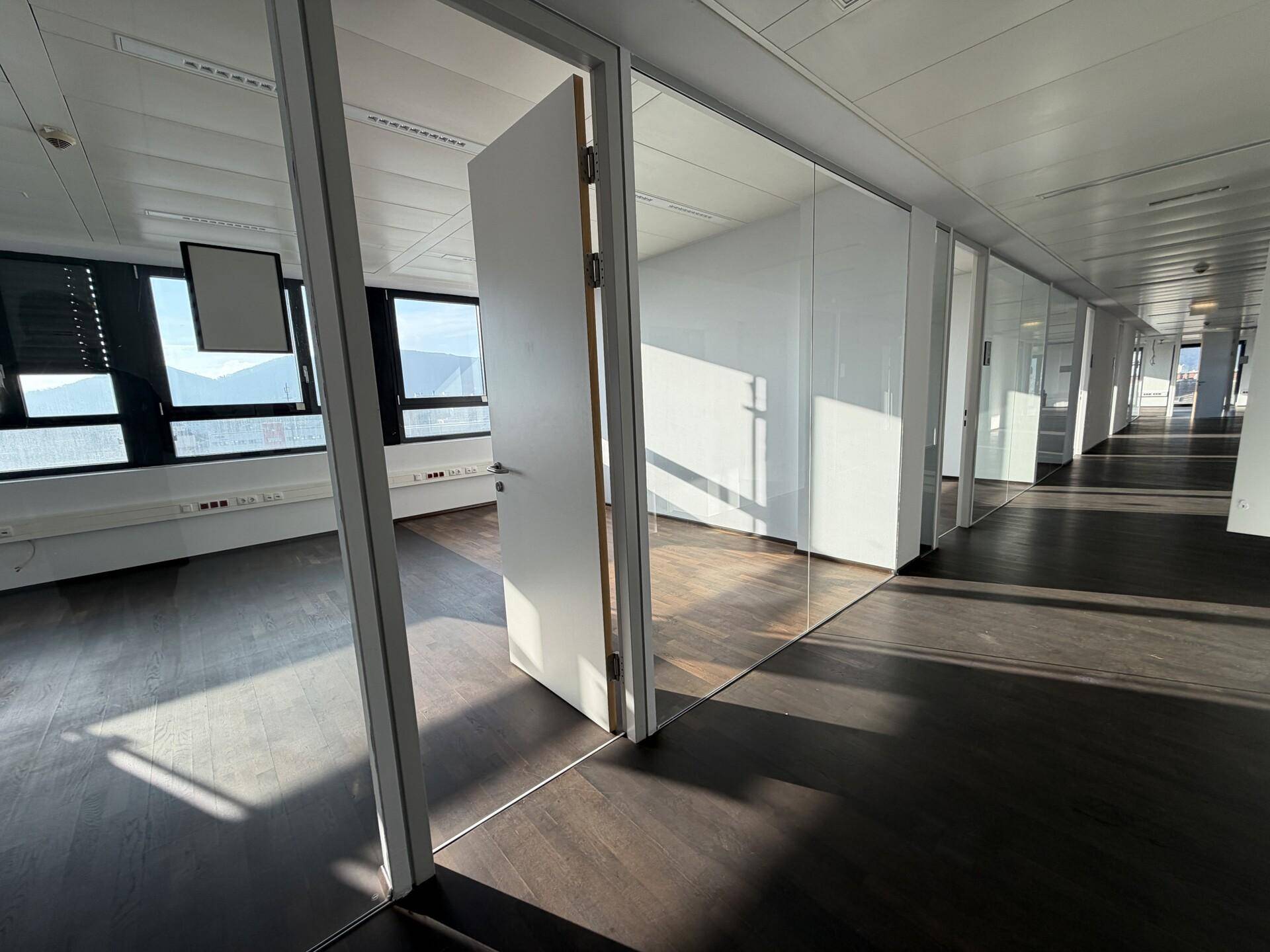 Heller Büroraum mit Glaswänden, dunklem Holzboden und Blick auf die Umgebung.