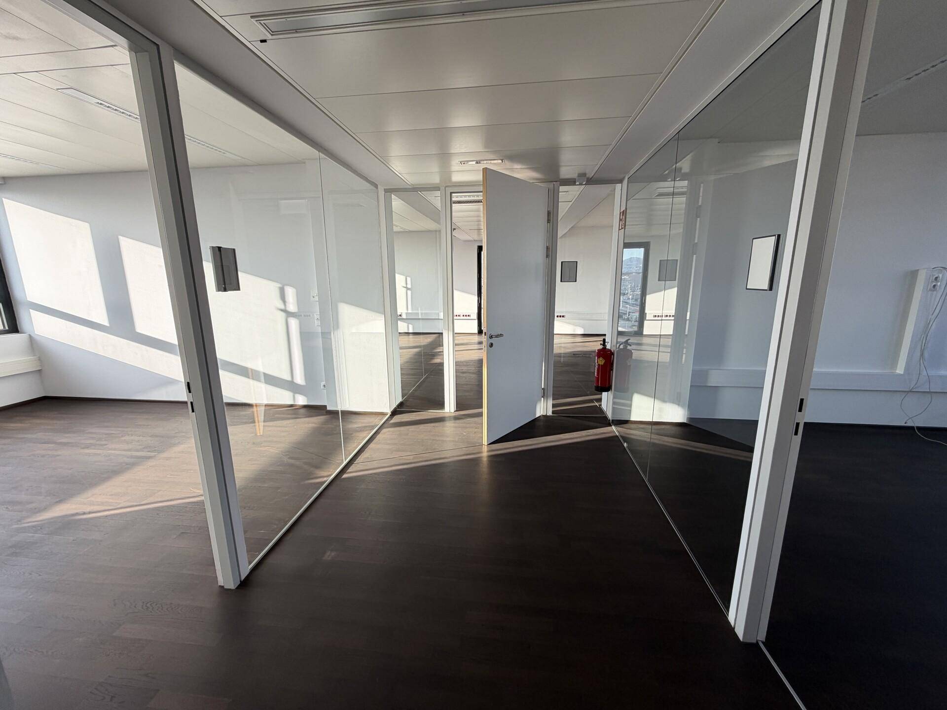 Langer Büroflur mit Glaswänden, dunklem Holzboden und natürlichem Lichteinfall.