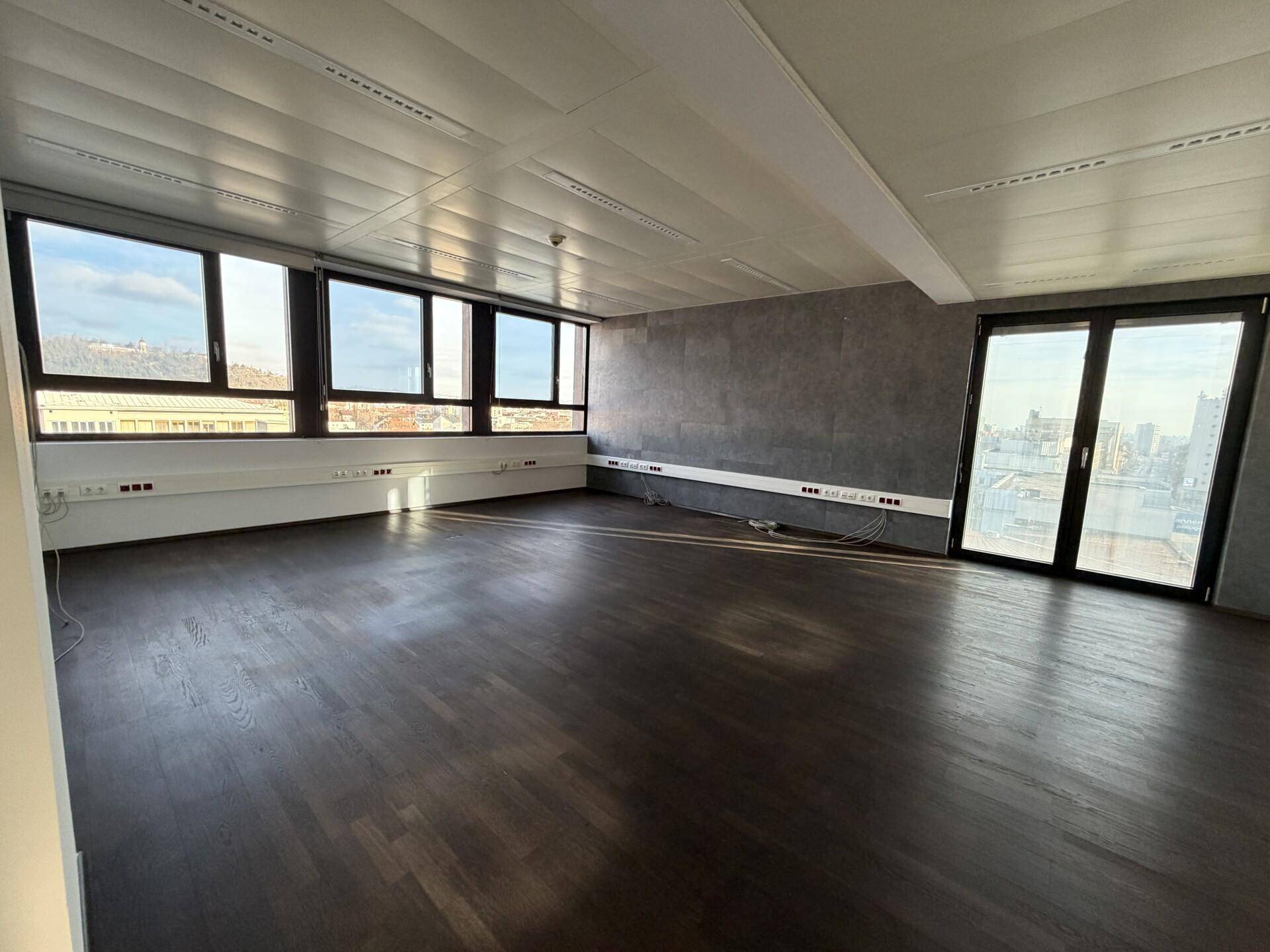 Großes, leeres Büro mit dunklem Holzboden, grauer Akzentwand und weitem Ausblick.