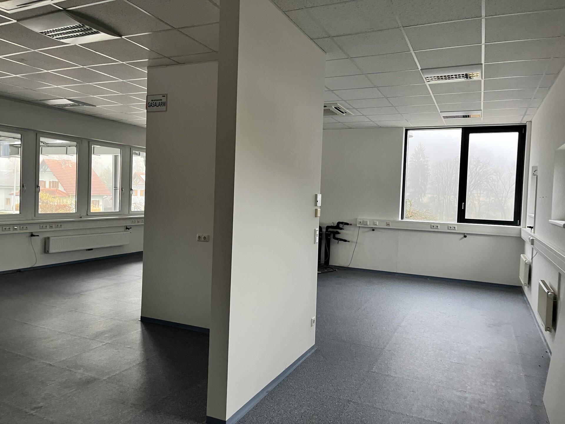 Großes, helles Büro mit mehreren Fenstern, Trennwänden und dunklem Bodenbelag.