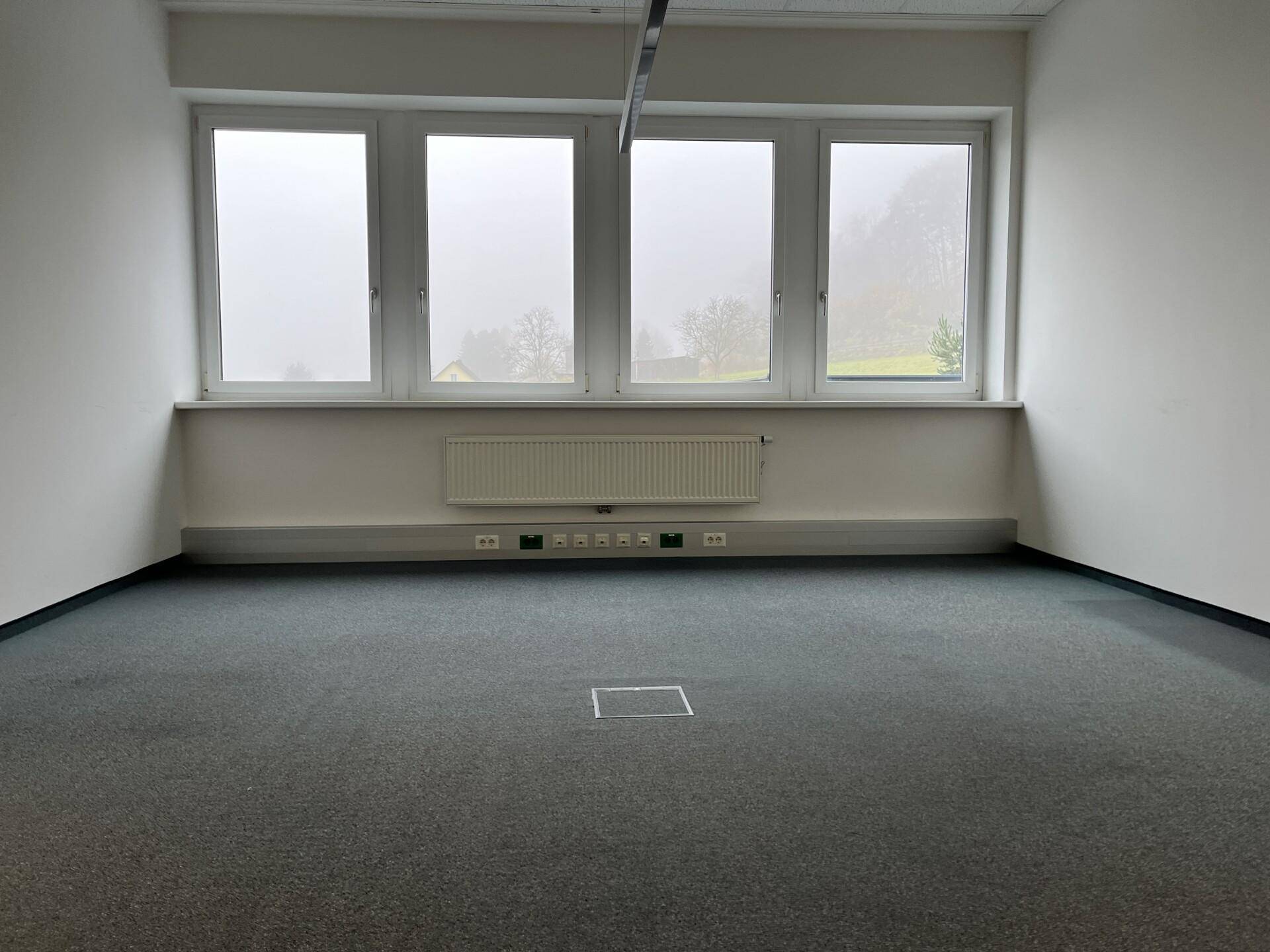 Geräumiges Büro mit Teppichboden, großen Fenstern und Bodensteckdosen, bereit zur Nutzung.