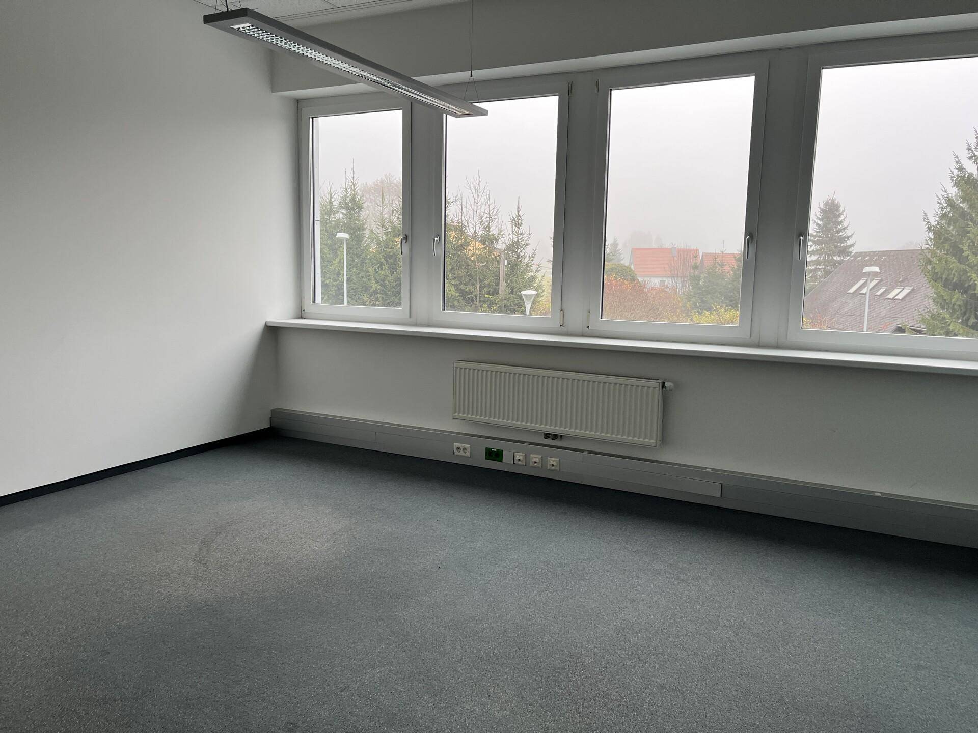 Leeres Büro mit Teppichboden, großen Fenstern und einem Heizkörper, ideal für Arbeitsplätze.