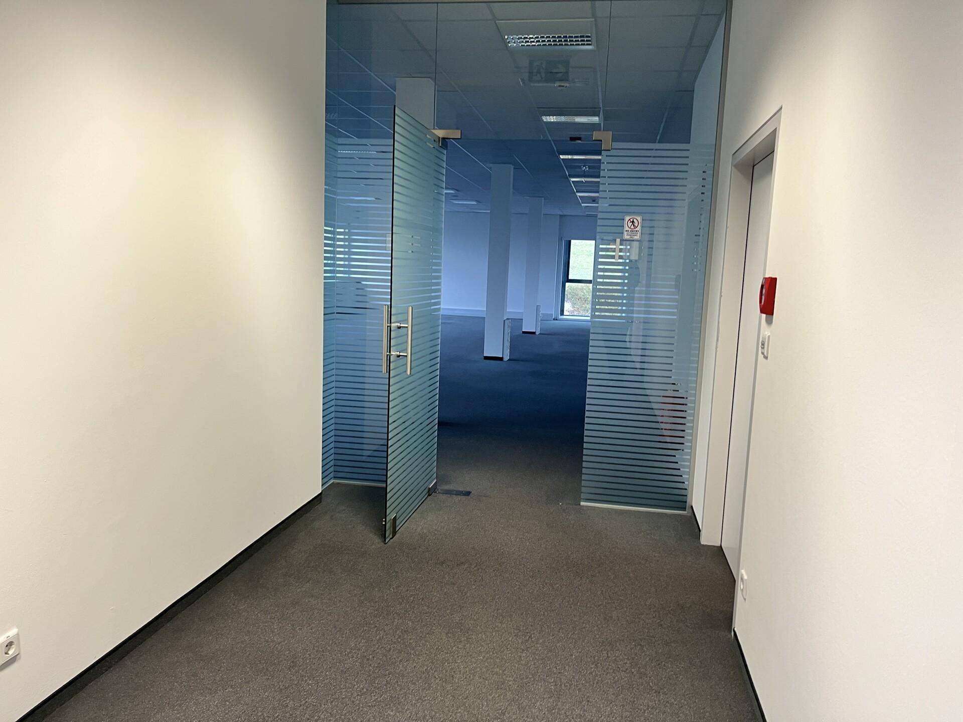 Heller Flur mit Teppichboden und Glastüren, die zu weiteren Büroräumen führen.