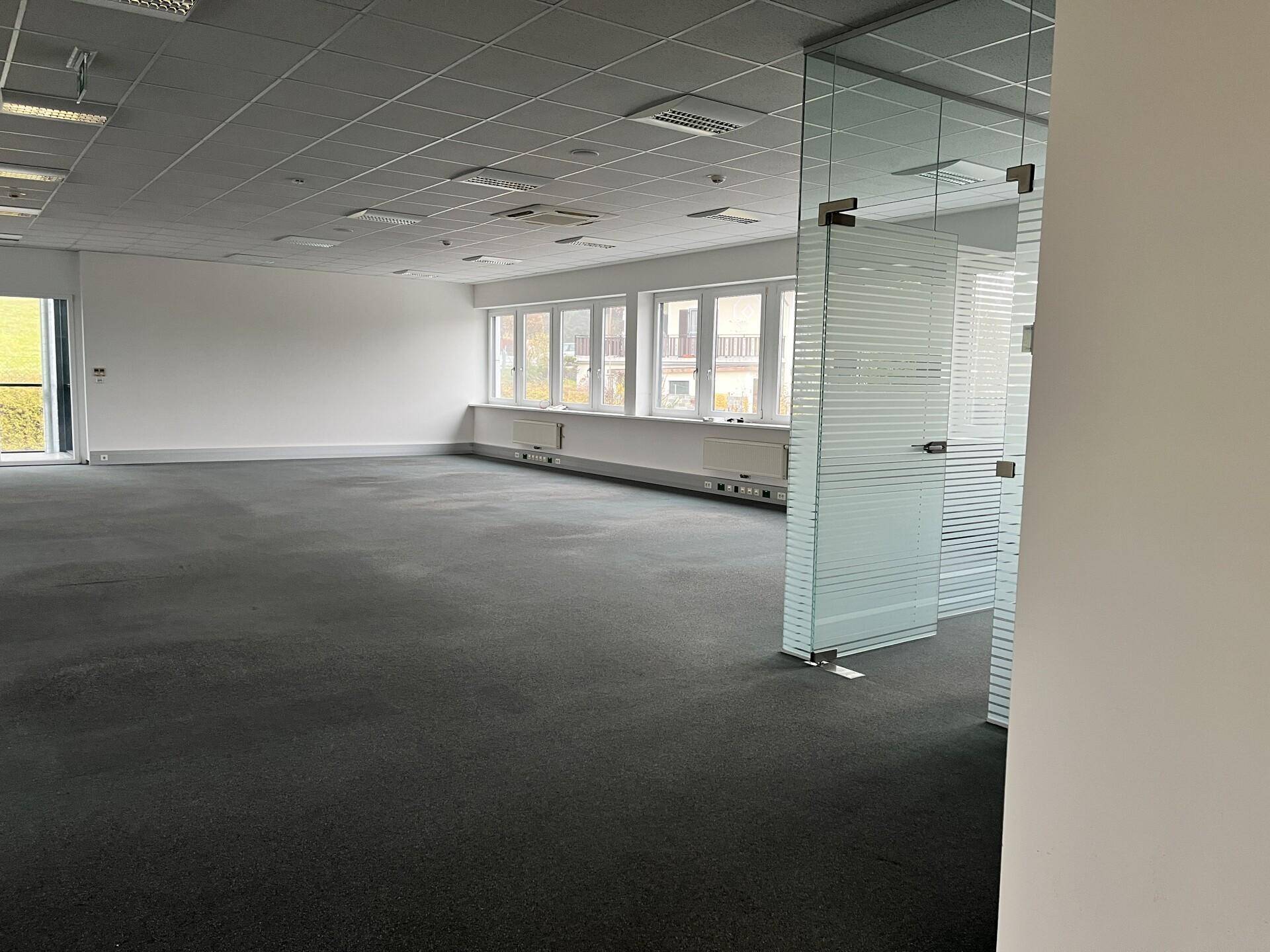 Geräumiges Büro mit Teppichboden, Glaswand und großen Fenstern, die eine helle Arbeitsumgebung schaffen.