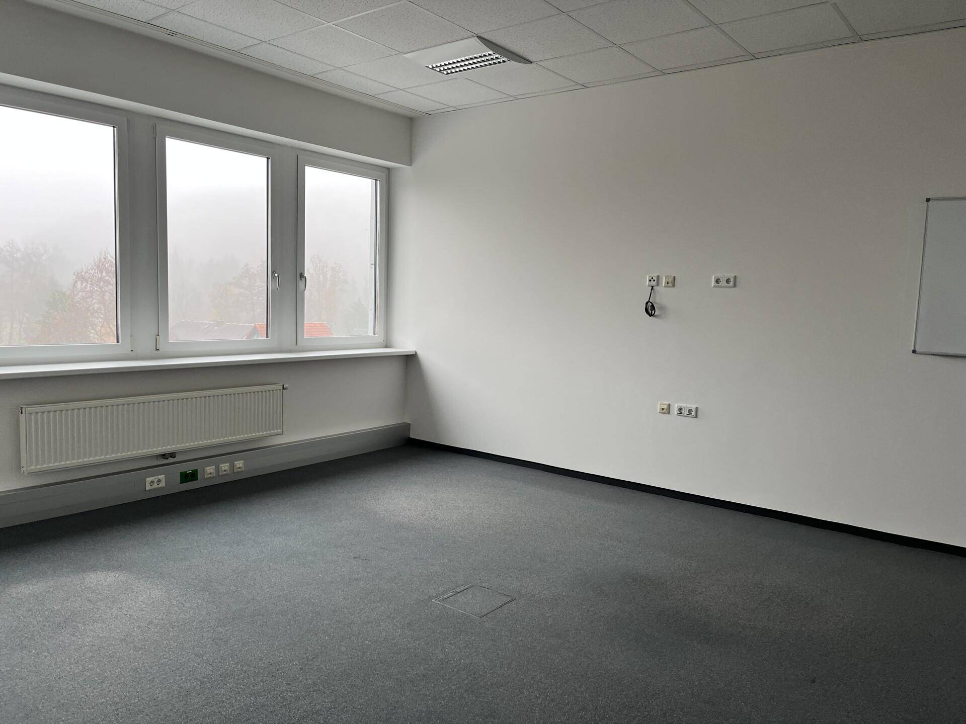 Geräumiges Büro mit Teppichboden, großen Fenstern und Bodensteckdosen, bereit zur Nutzung.