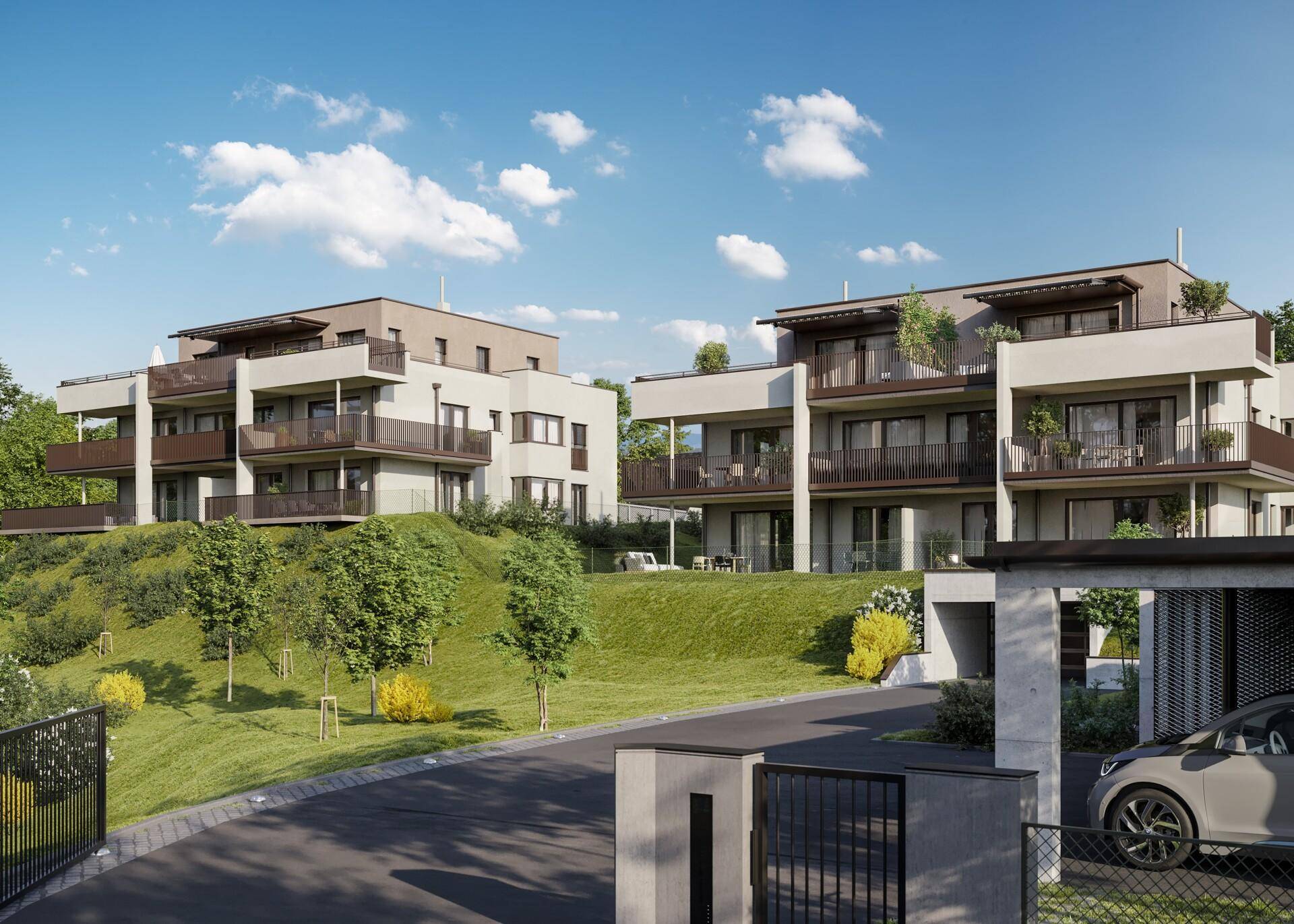 Visualisierung der modernen Wohngebäude mit Carport und gepflegter Grünanlage am Hang.