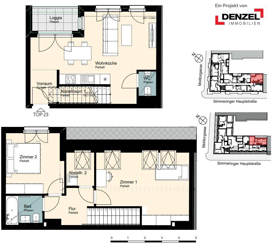 Grundriss einer Maisonette-Wohnung mit offener Wohnküche, Loggia, zwei Schlafzimmern und separatem WC.