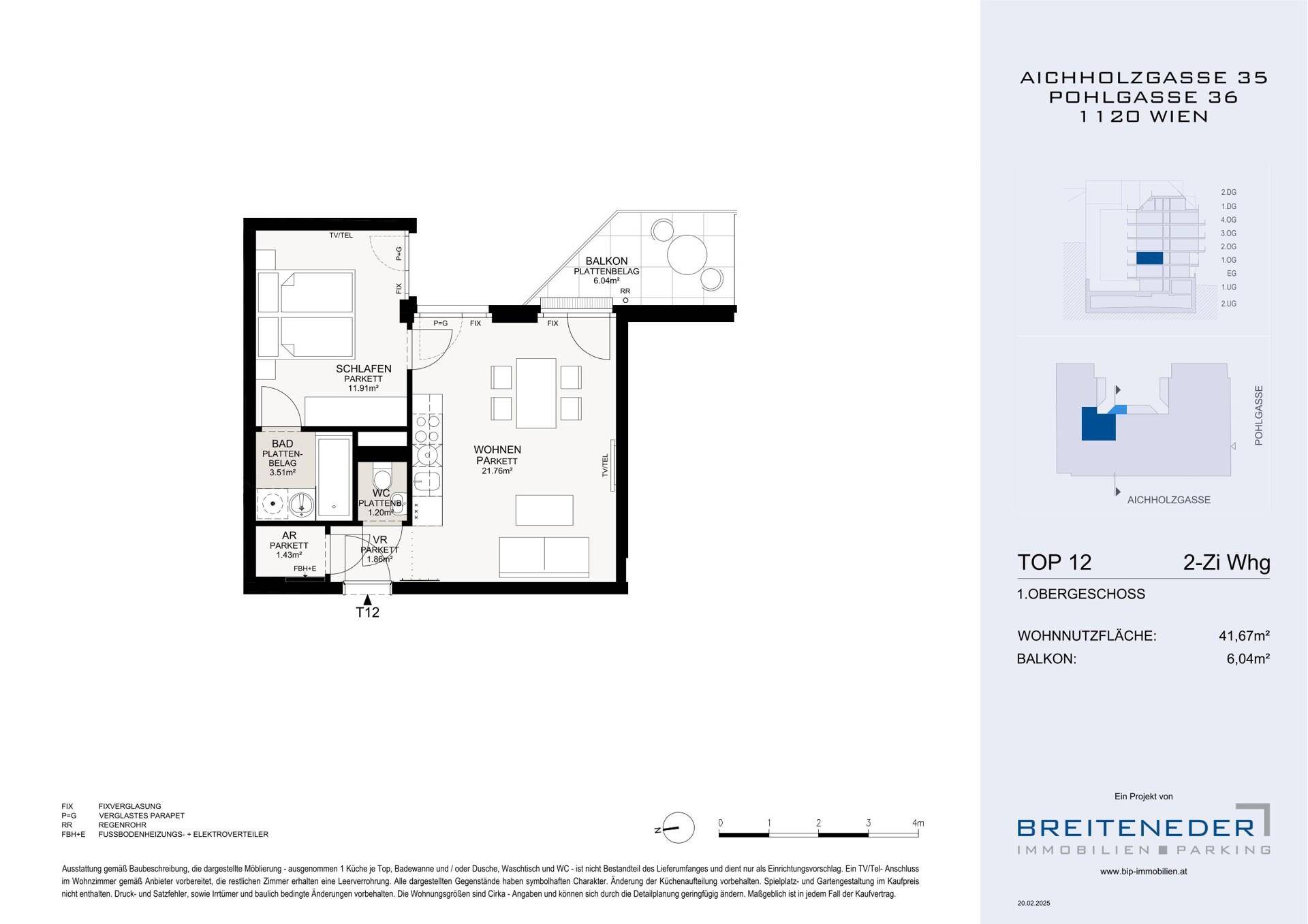 Grundriss der Wohnung Top 12 mit Schlafzimmer, Bad, WC und Balkon.