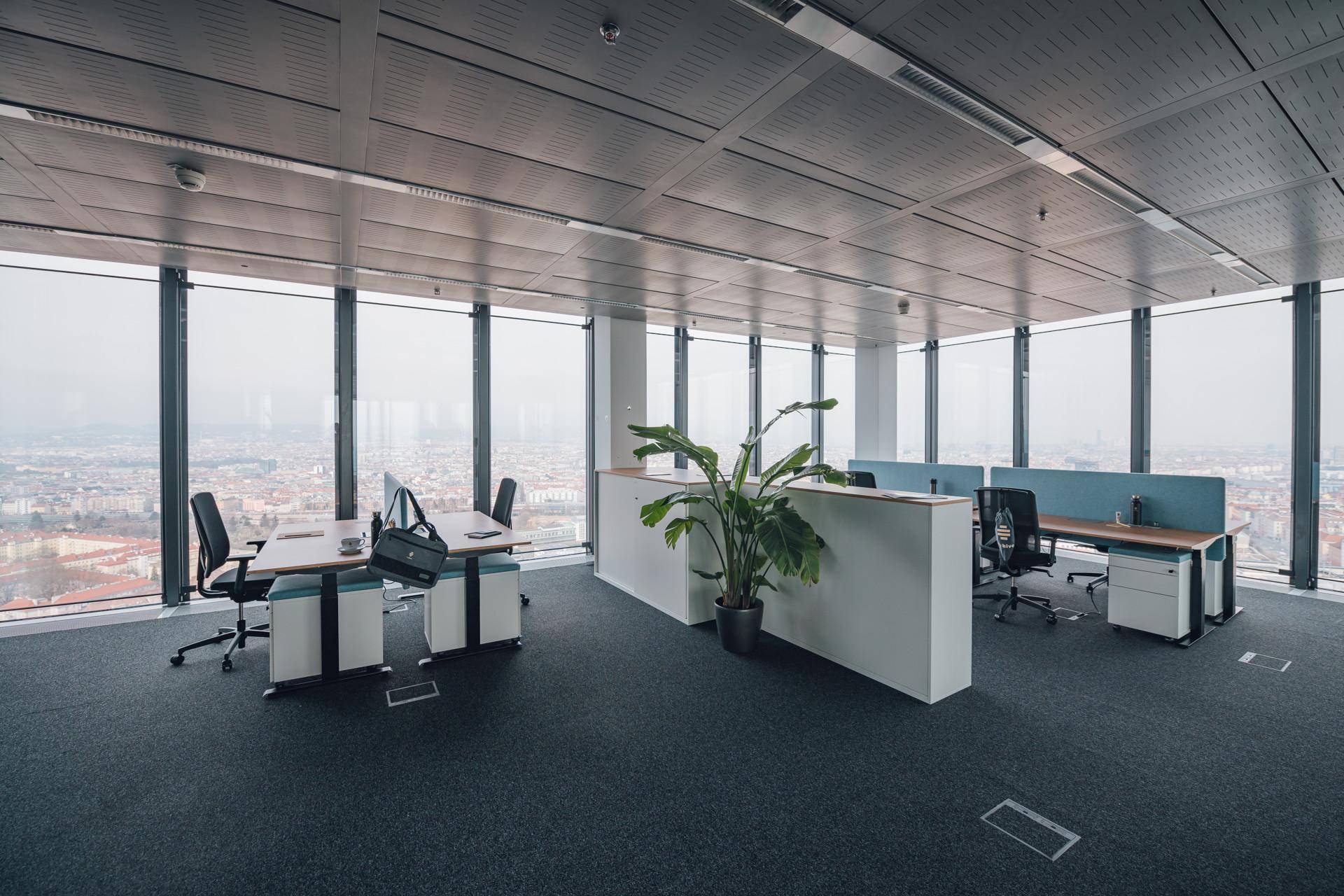 Geräumiges Großraumbüro mit flexiblen Arbeitsplätzen und weitem Blick über die Stadt.