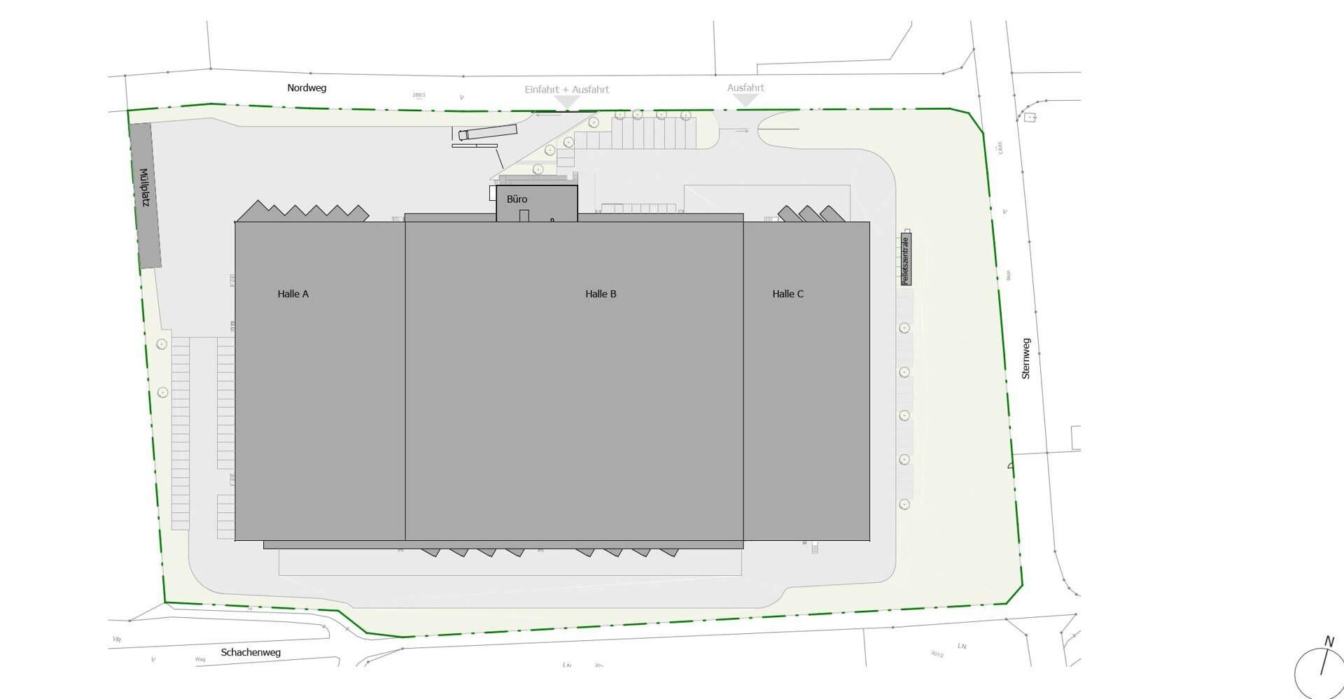 Übersichtsplan des Grundstücks mit einem großen Gebäude, aufgeteilt in drei Hallen und Parkflächen.