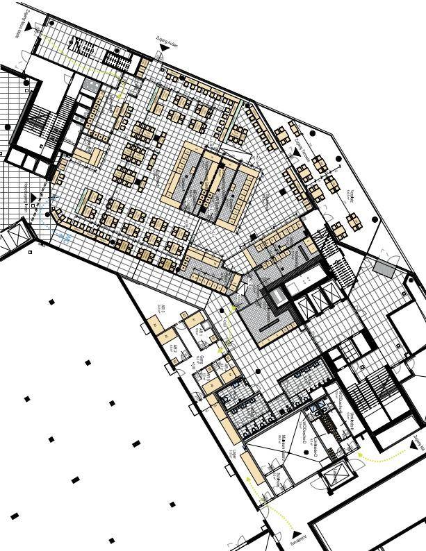 Detaillierter Grundriss eines großen Gebäudes mit vielen Räumen und komplexer Aufteilung.